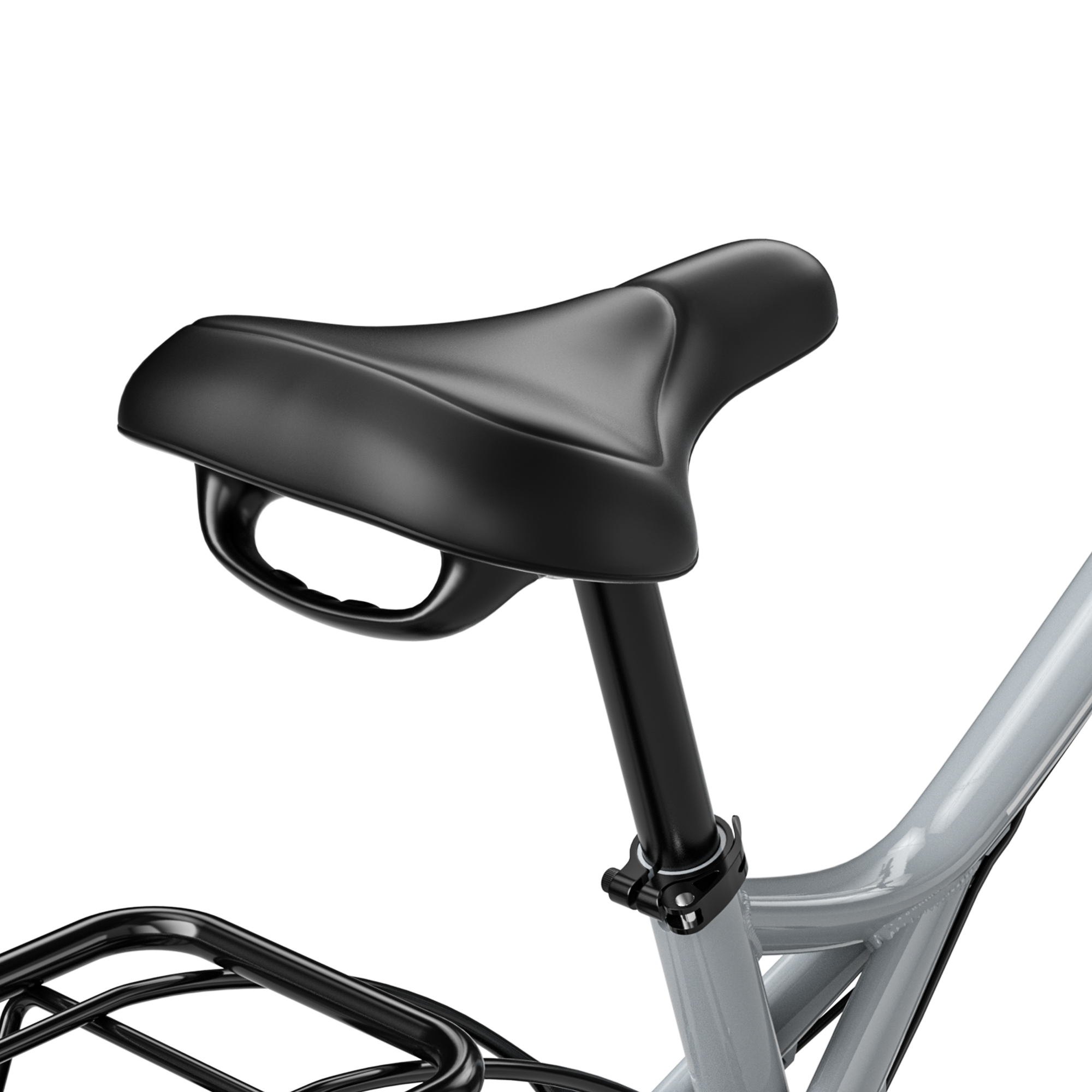 Asiento de bicicleta negro con asa en marco gris y portaequipajes negro.