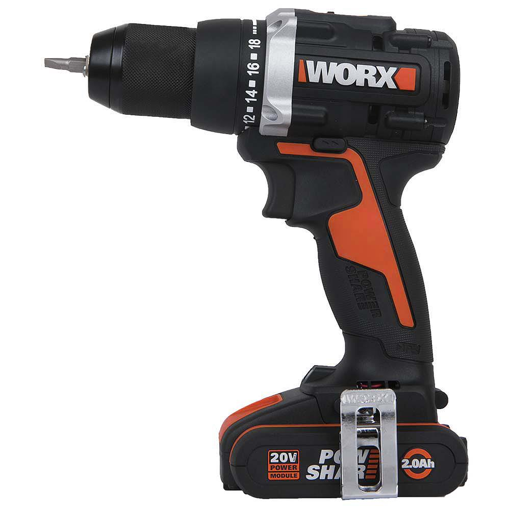 Trapano avvitatore a batteria Worx nero e arancione con portapunte in metallo.