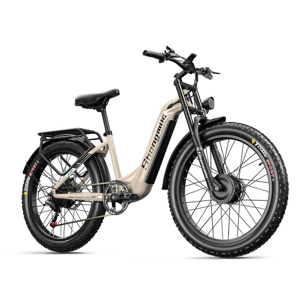Una bicicleta eléctrica beige con ruedas anchas, portaequipajes y sillín negro.