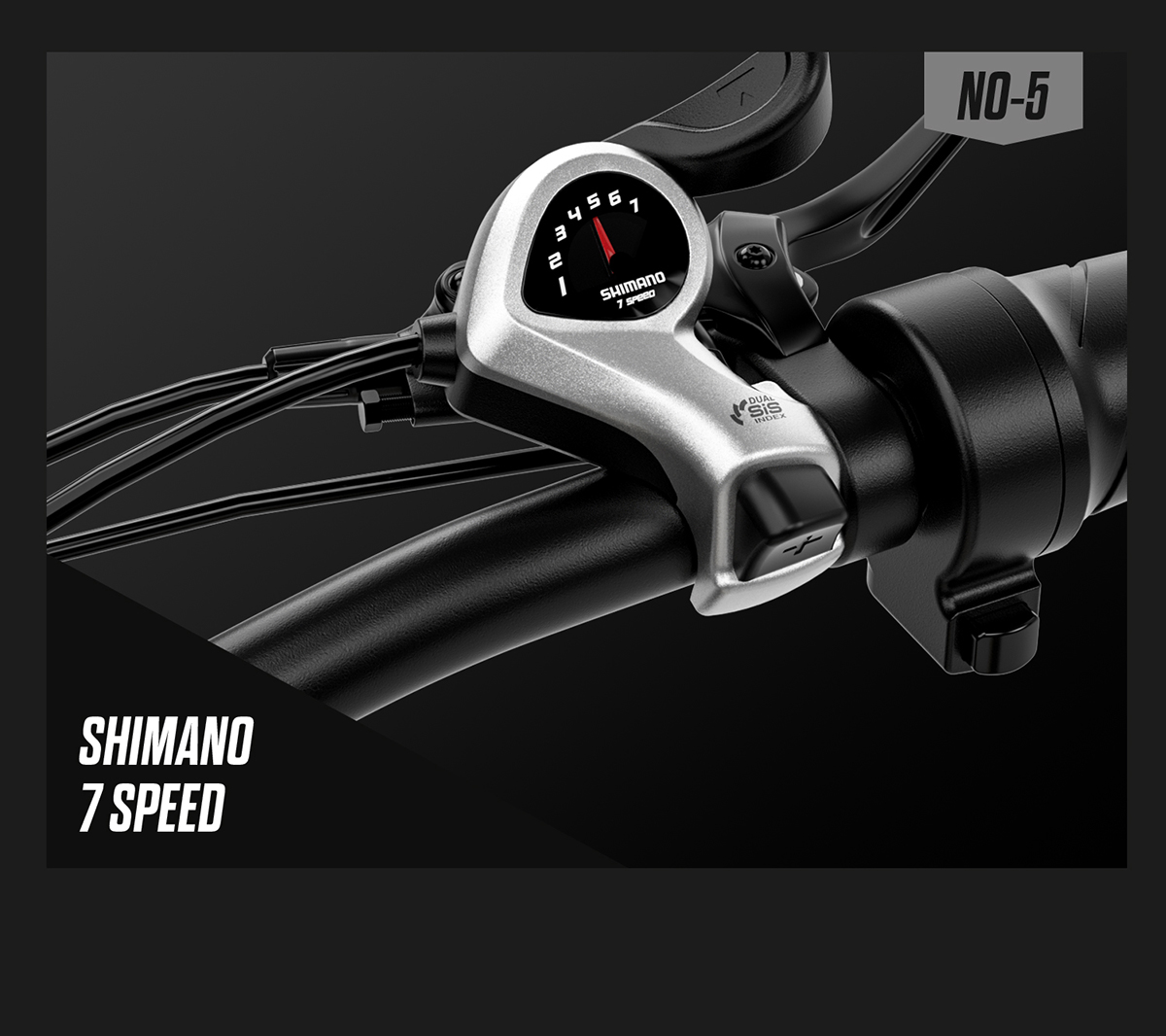 Maneta de 7 velocidades Shimano con indicador numerado y puntero rojo.