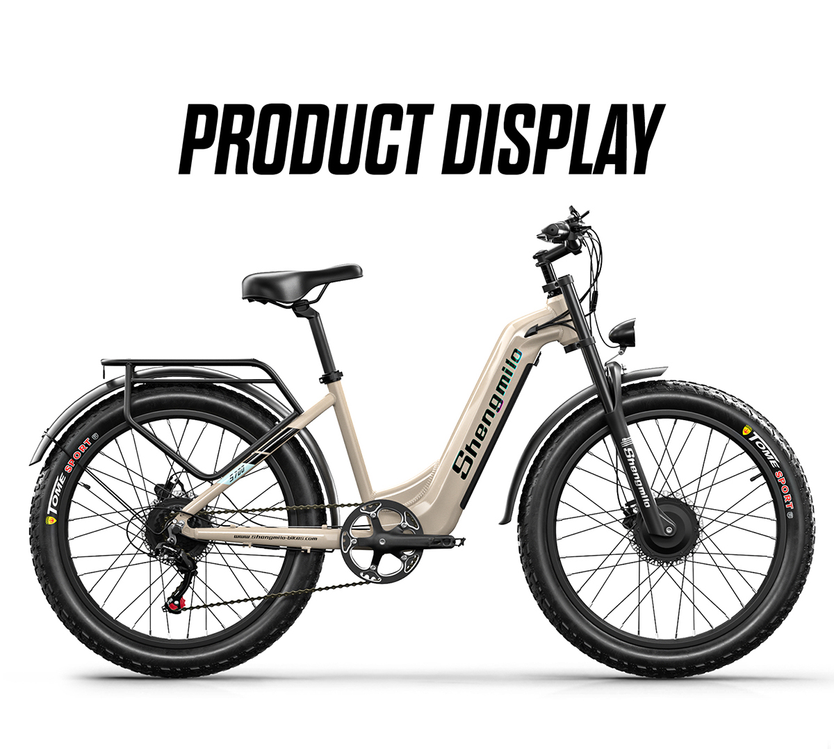 Una bicicleta eléctrica color arena con neumáticos anchos y portaequipajes.