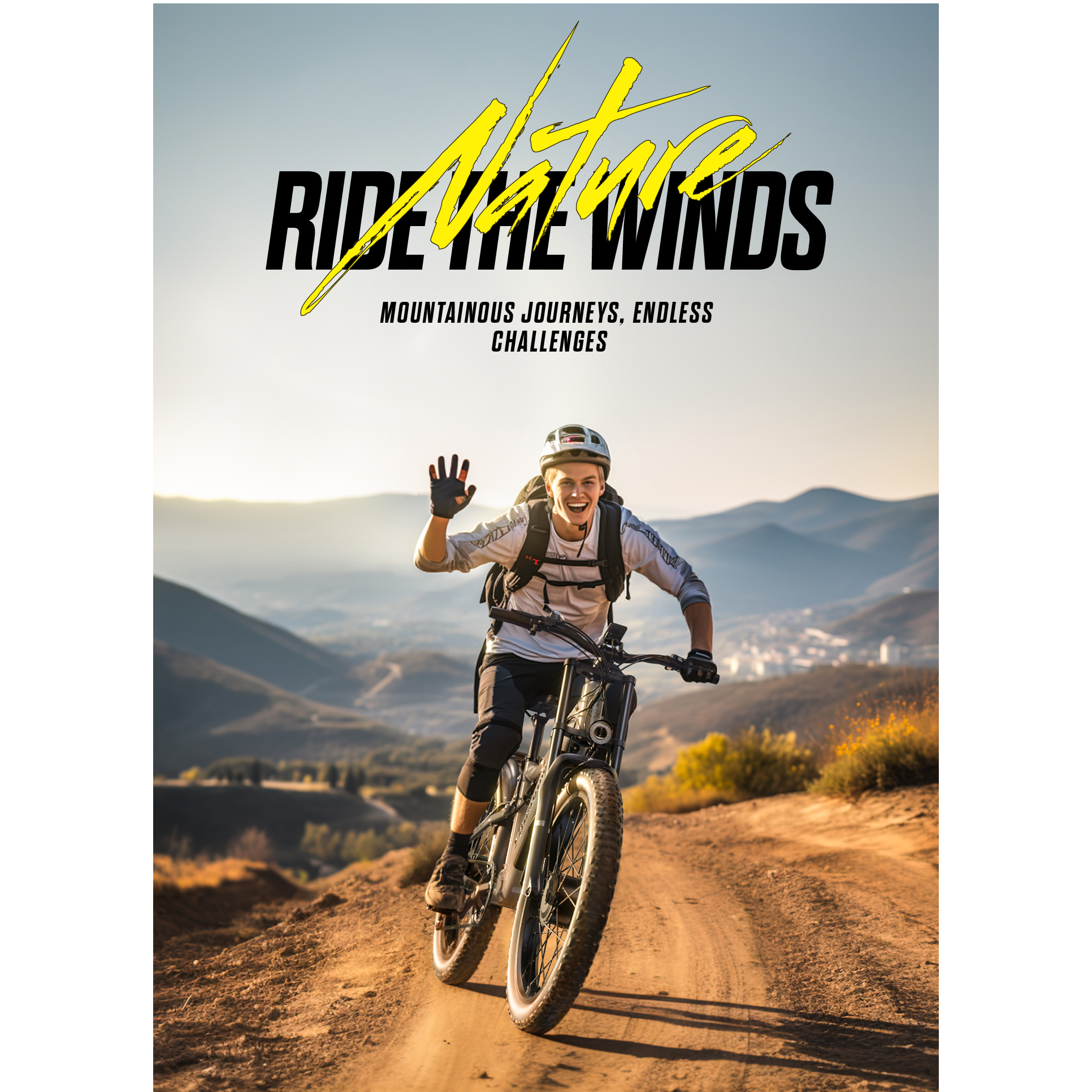 Un hombre en una e-bike saluda en un sendero de montaña. Montañas al fondo.