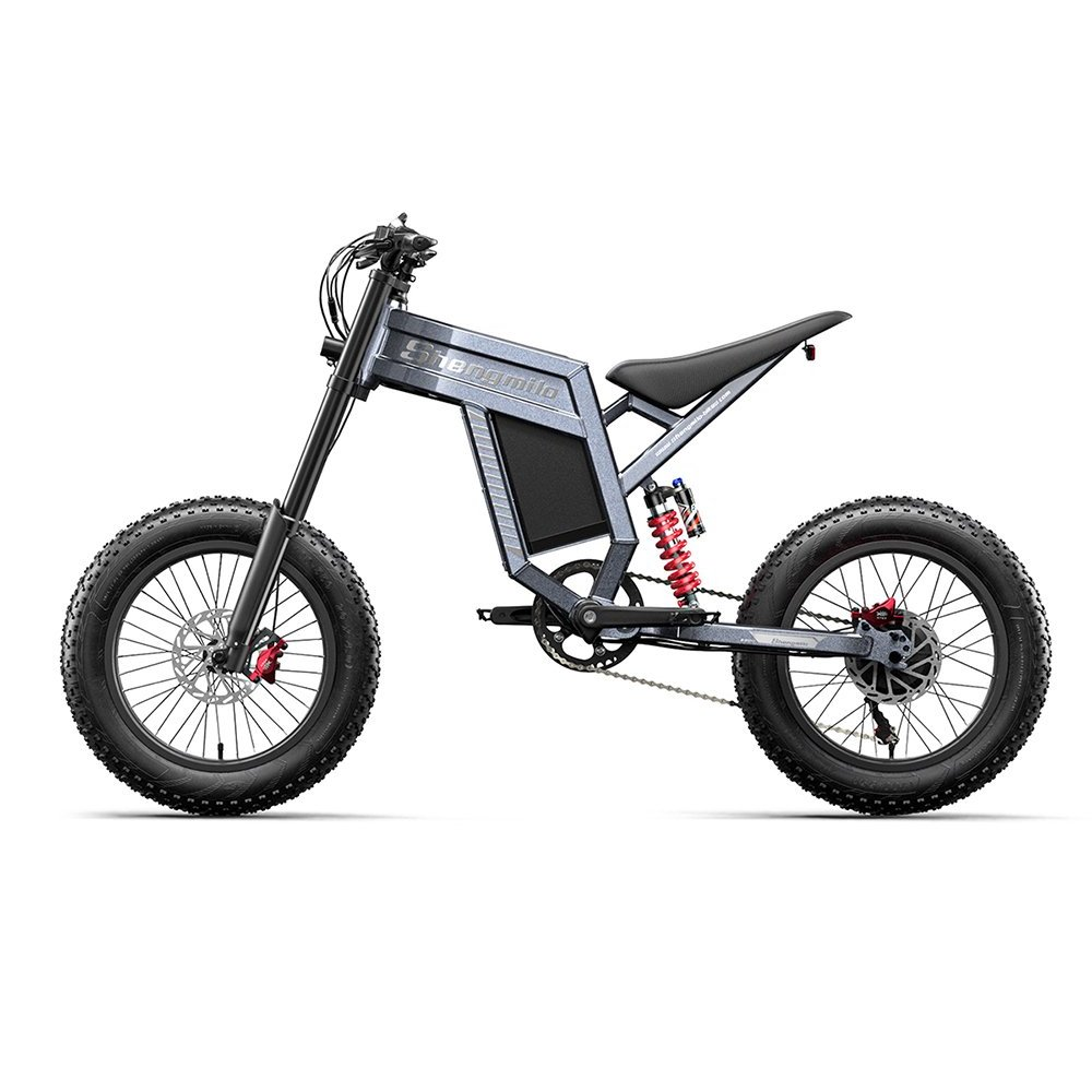 Una bicicleta eléctrica gris con neumáticos gruesos, amortiguadores rojos y asiento negro.