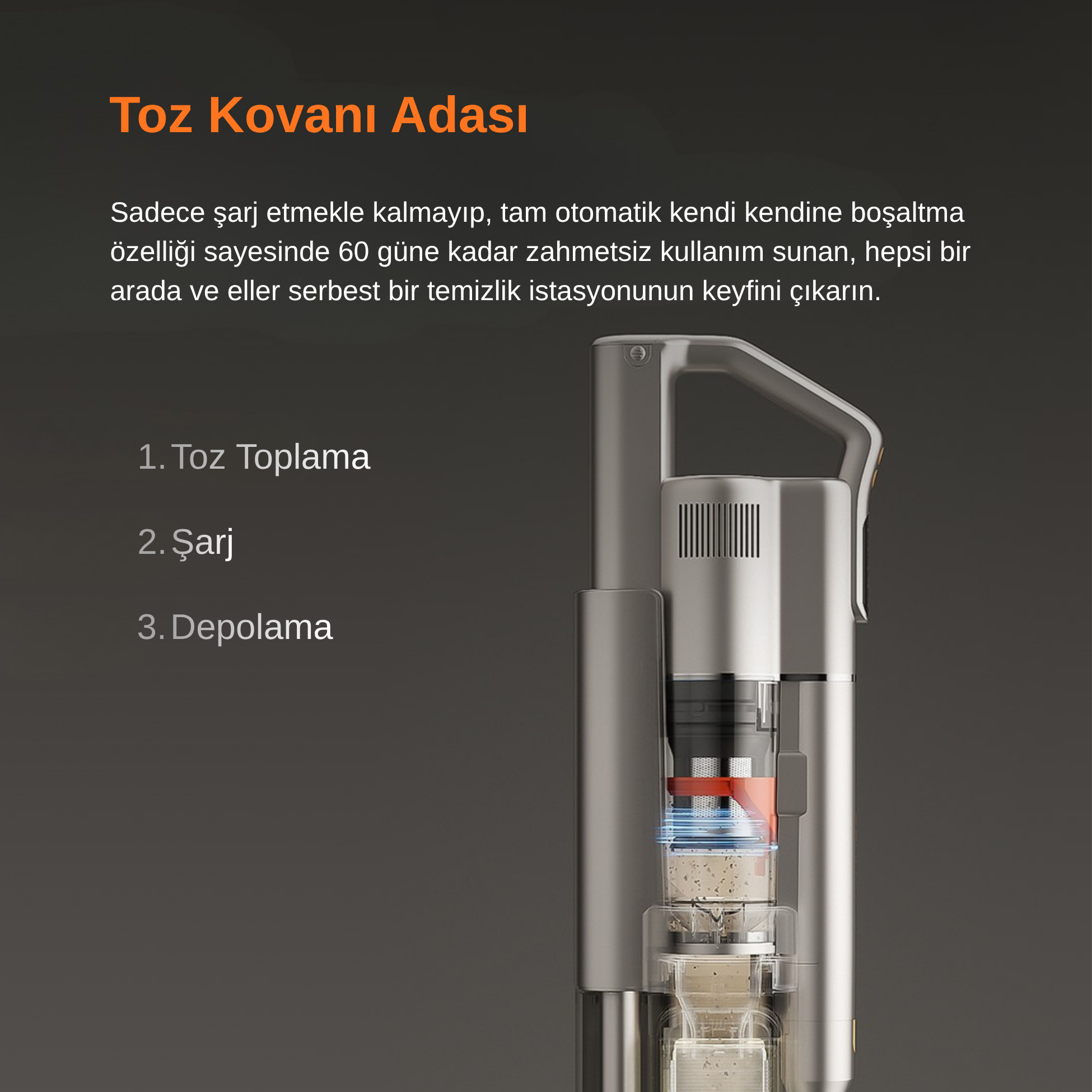 Toz haznesi, şarj ve depolama özellikli gri elektrikli süpürge.
