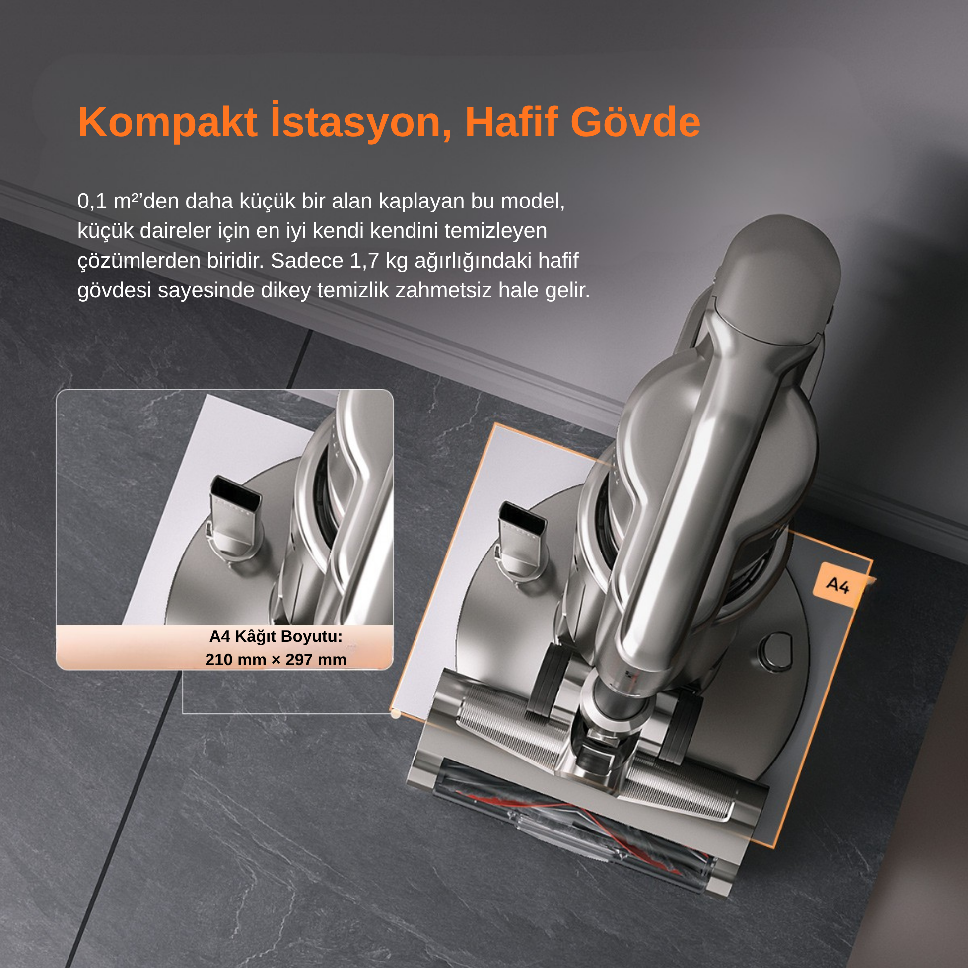 Gümüş renkli elektrikli süpürge koyu renk zeminde A4 taslağının yanında.