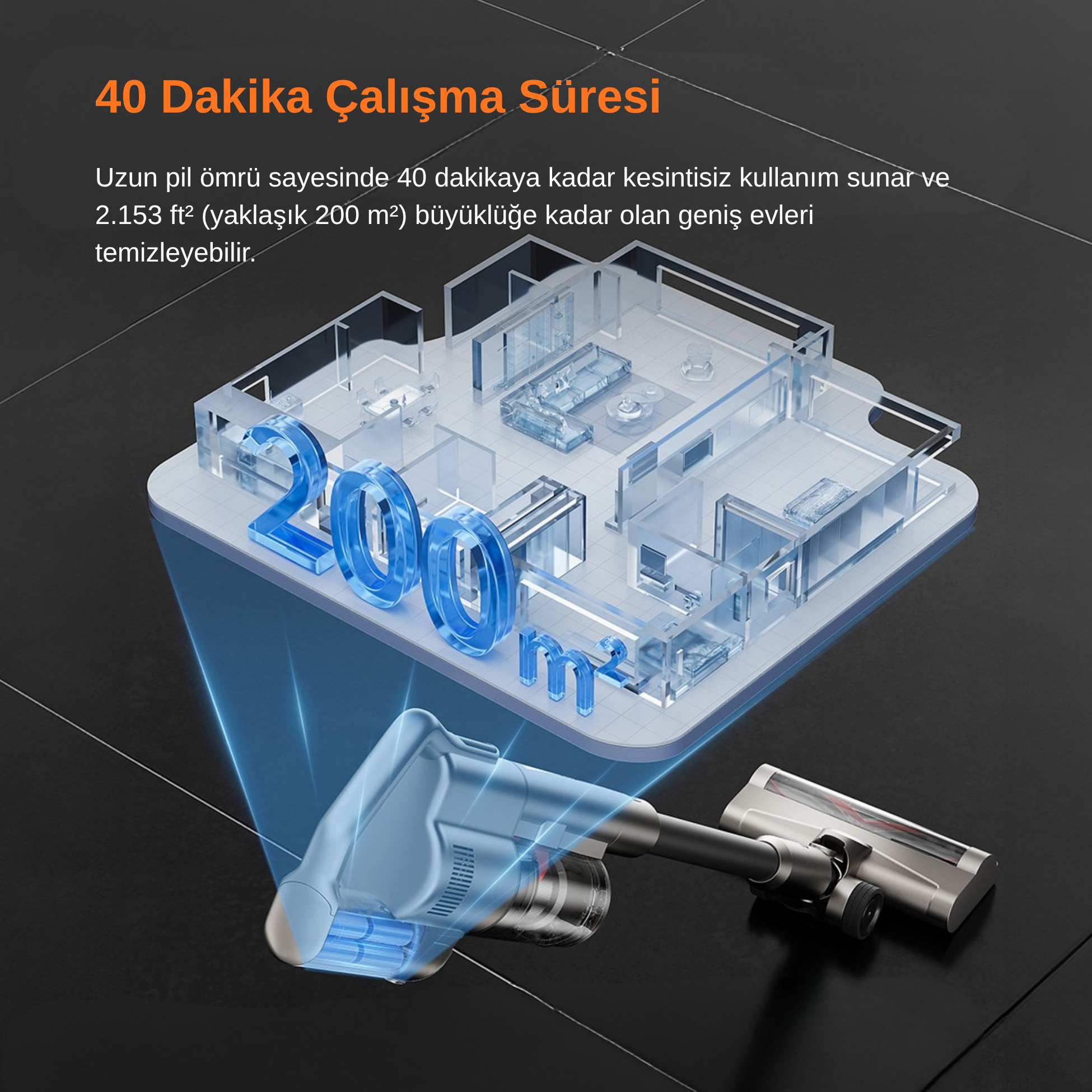 200 m² alanı temizleyebilen kablosuz süpürge.