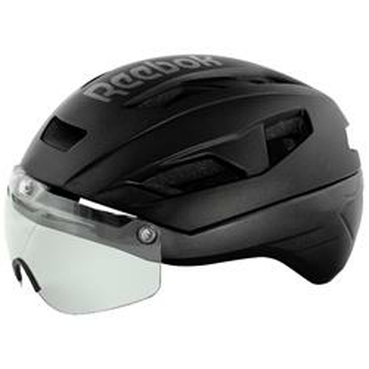 Casco de bicicleta negro con visera y logo de Reebok.