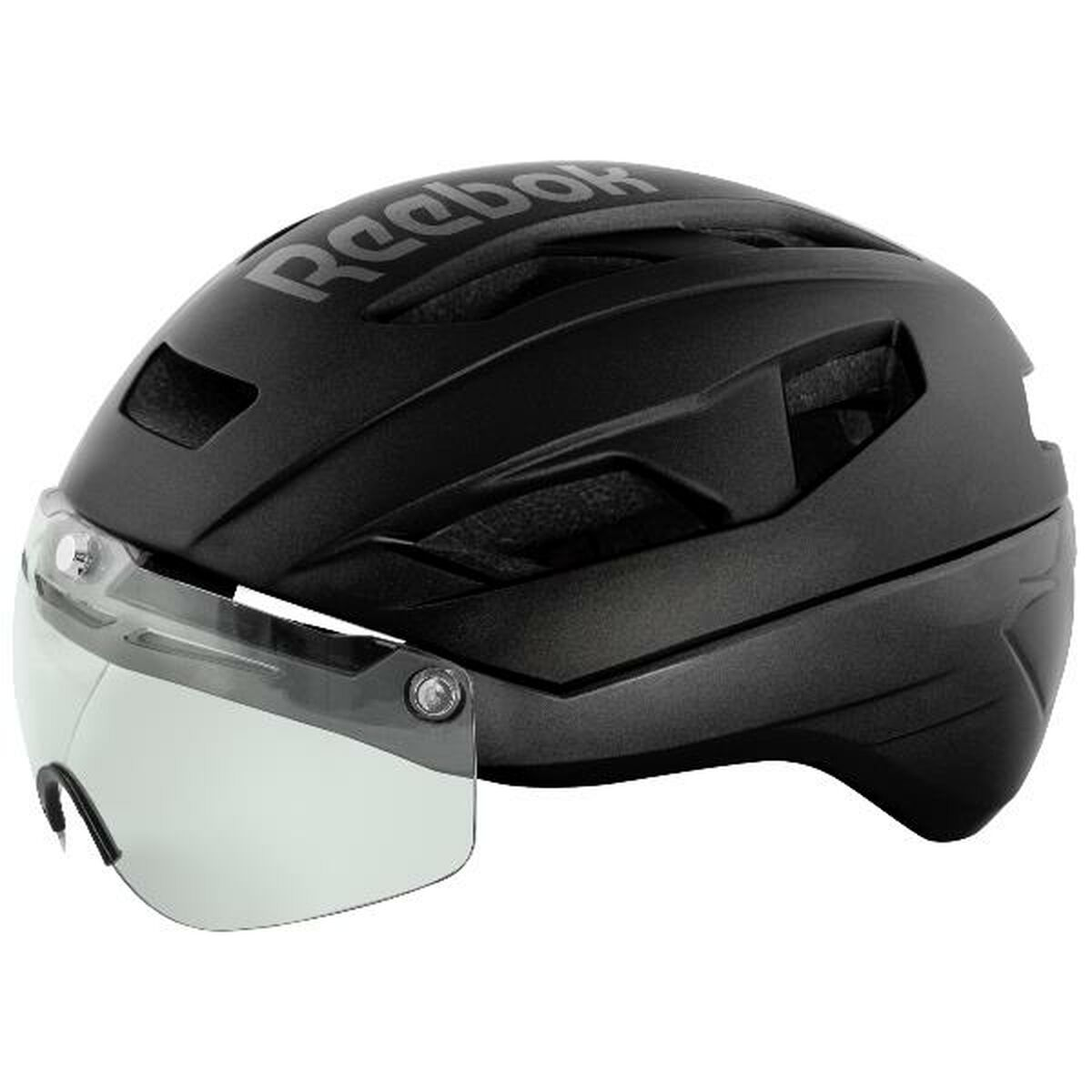 Casco de bicicleta negro con visera y logo de Reebok.