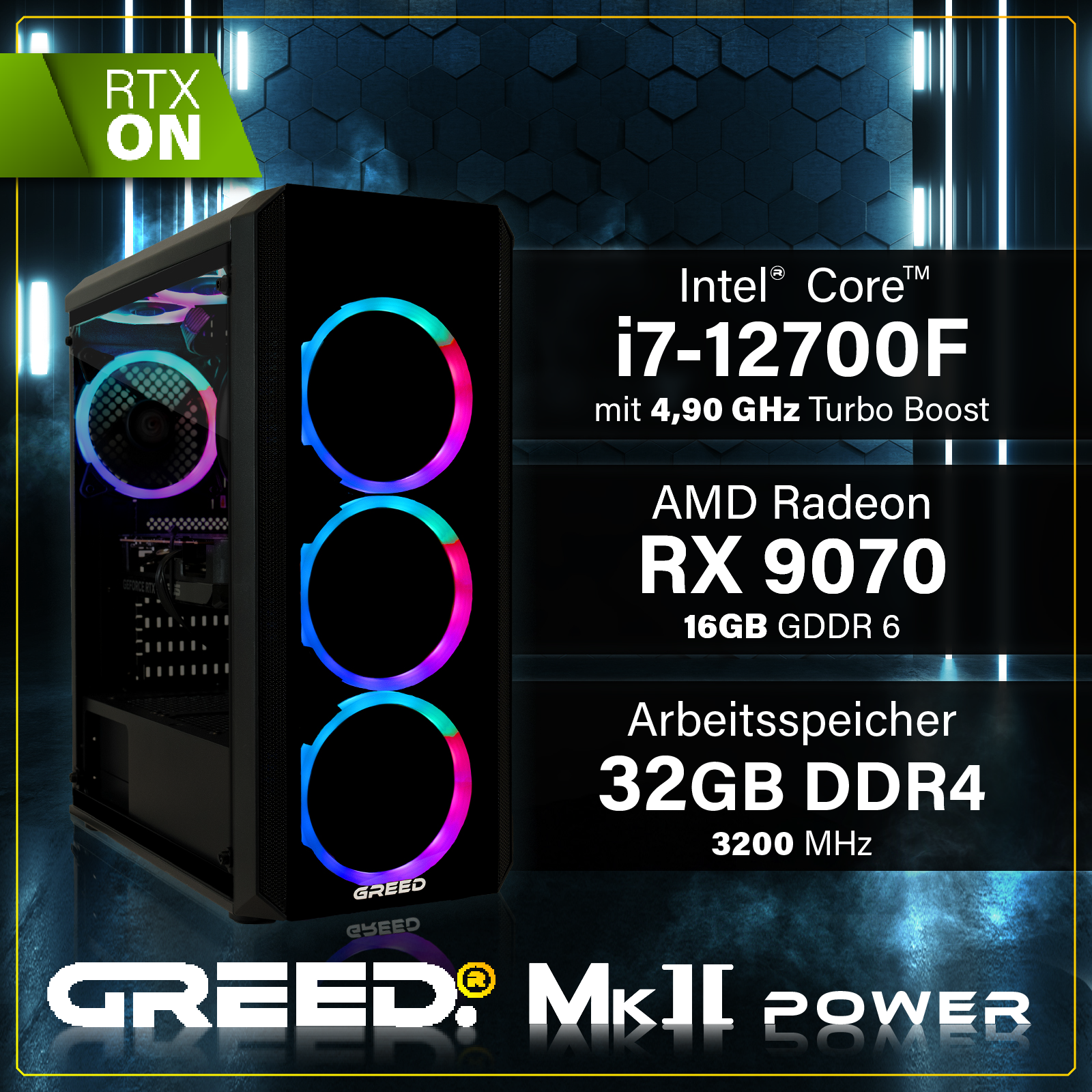 PC gaming con Intel Core i7, AMD RX 9070, 32GB DDR4 RAM. Ventiladores RGB.