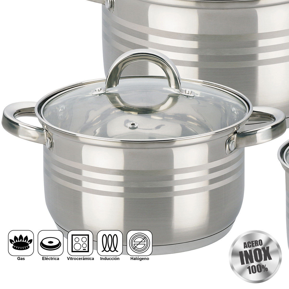 Ollas de acero inoxidable con tapa de cristal y diseño de rayas, aptas para varias cocinas.