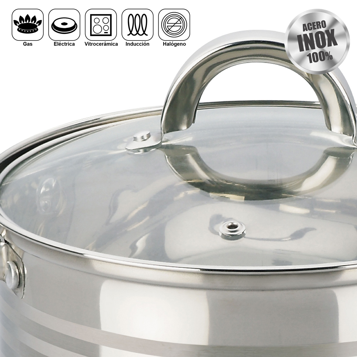 Olla de acero inoxidable con tapa de cristal, iconos de gas, eléctrica, vitrocerámica, inducción.