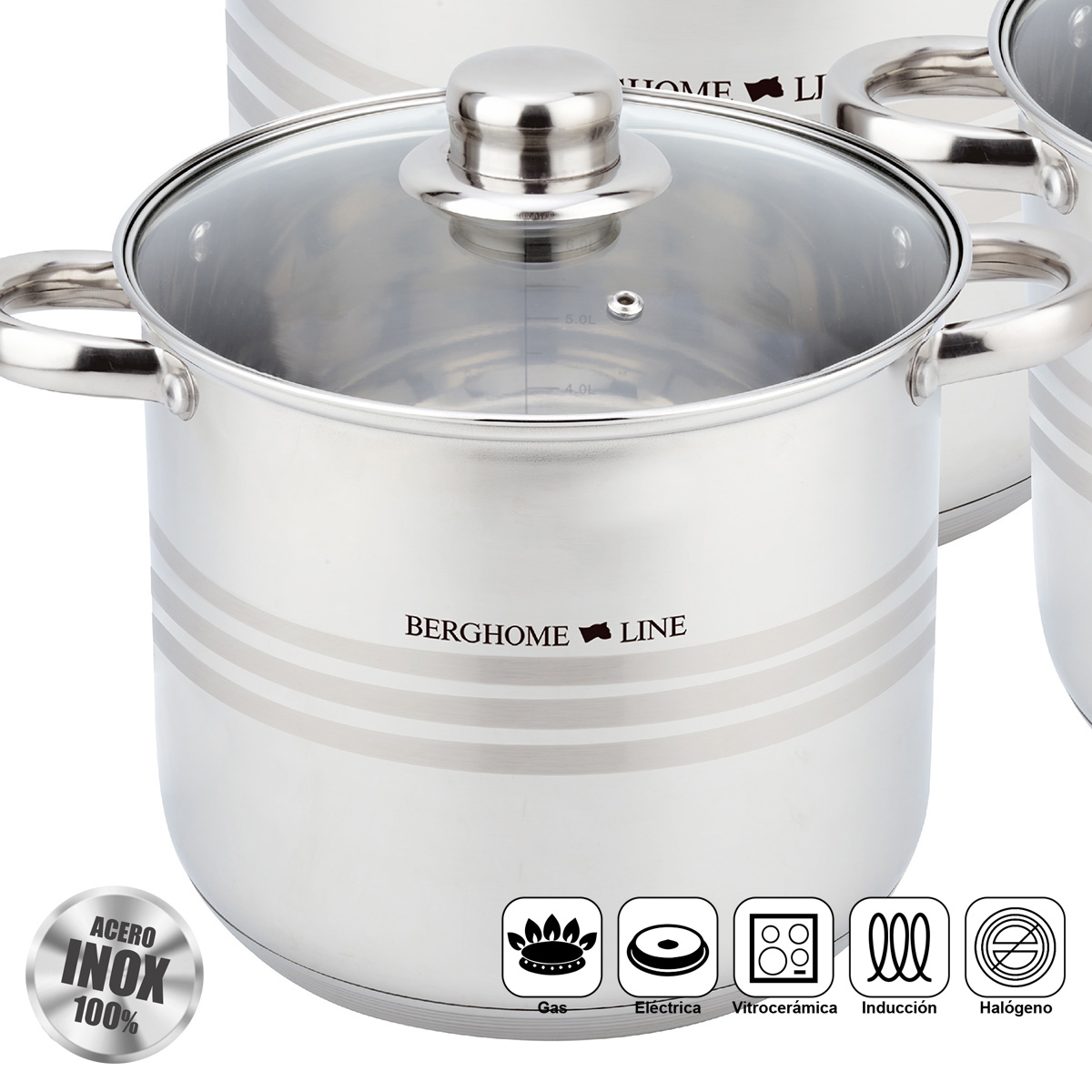 Olla de acero inoxidable con tapa de cristal, BergHome Line, para gas, eléctrica, vitrocerámica.