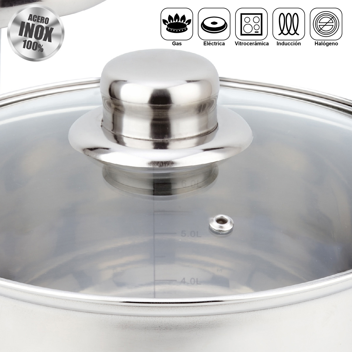 Olla de acero inoxidable con tapa de cristal, marcas en litros, iconos.