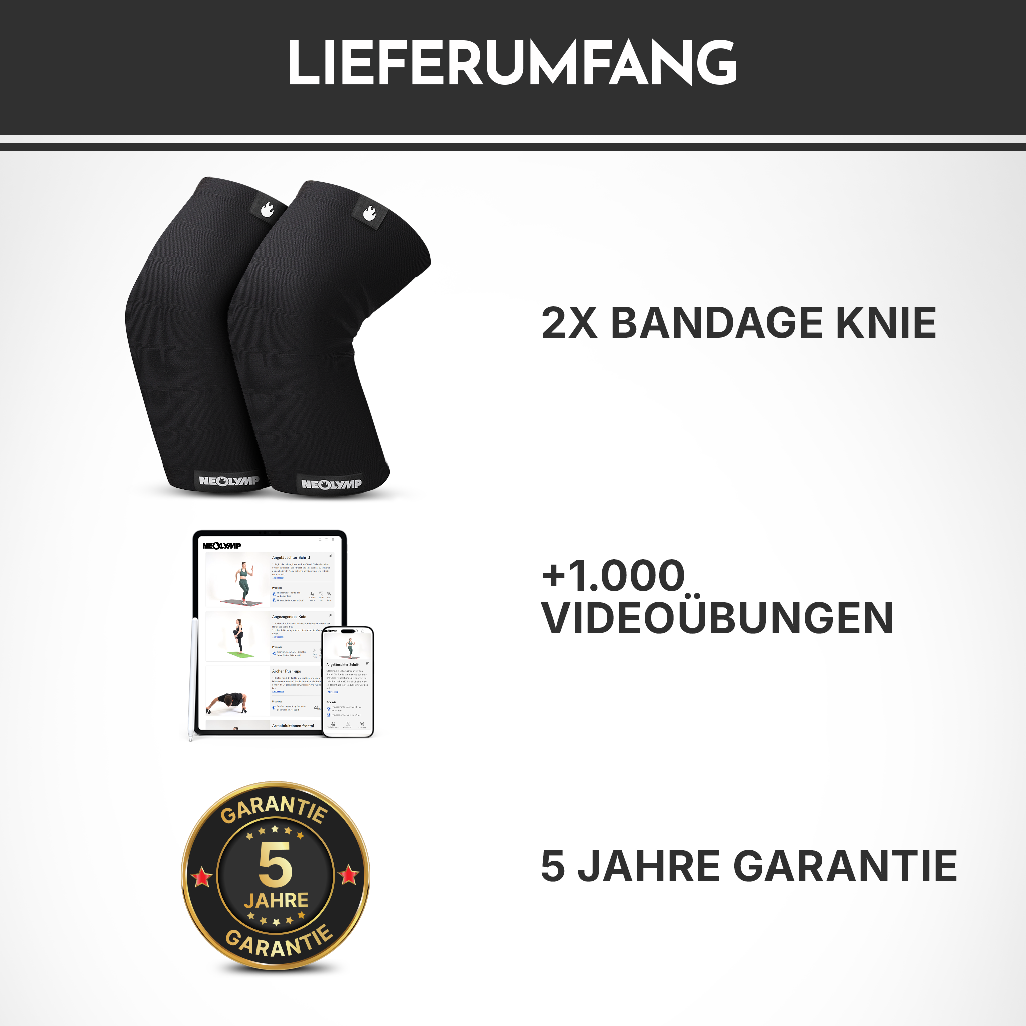 Zwei schwarze Bandagen, Tablet mit Übungen und 5 Jahre Garantie.