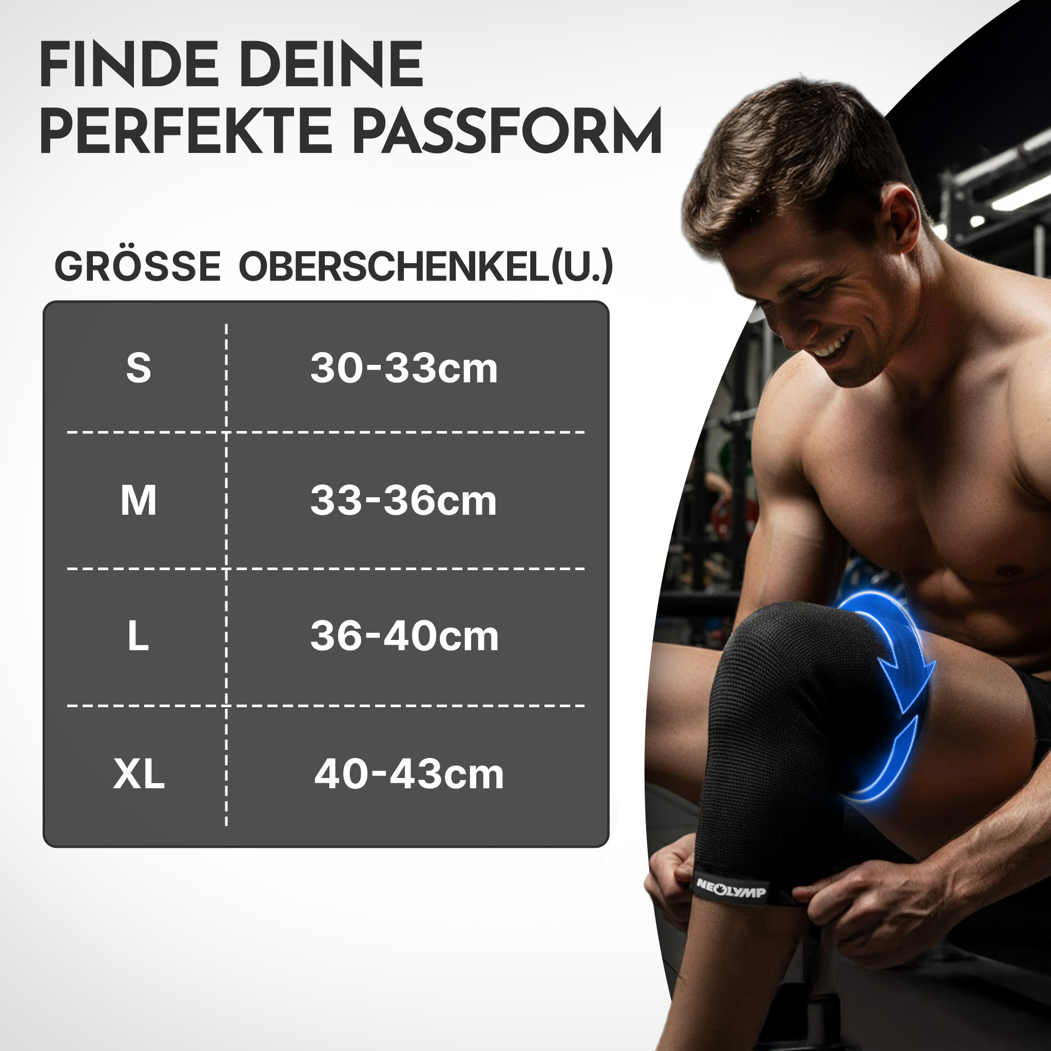 Größentabelle für Kniebandagen mit Mann im Fitnessstudio.
