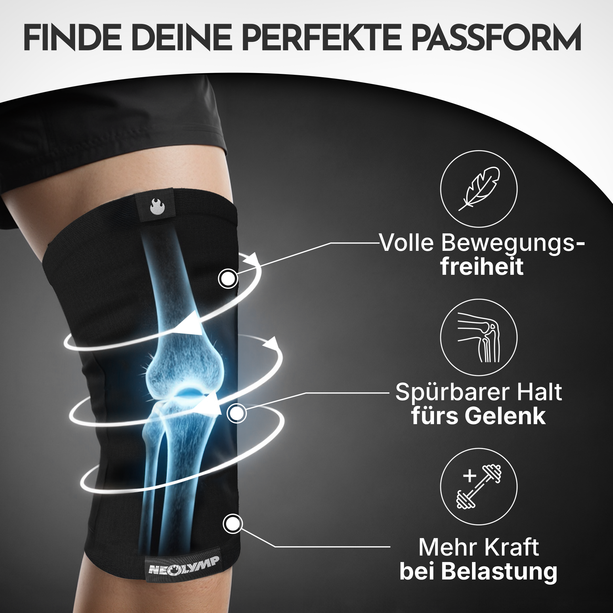 Eine Person trägt eine schwarze Kniebandage mit einer Darstellung des Kniegelenks.
