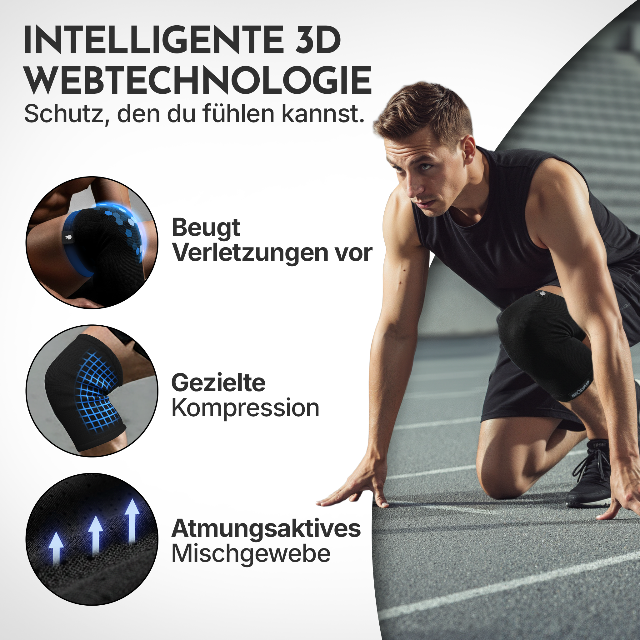 Mann auf Laufbahn in Startposition, Kniebandagen mit 3D-Webtechnologie.