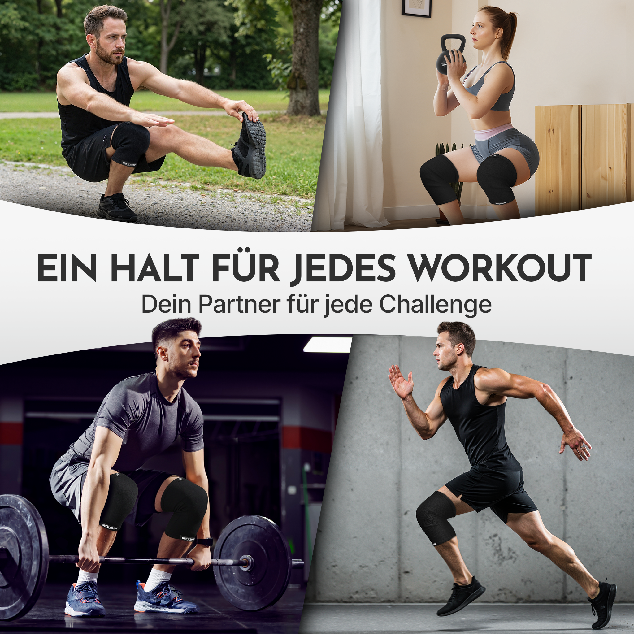 Vier Sportler in Aktion: Mann dehnt sich, Frau hebt Kettlebell, Mann hebt Hantel, Mann rennt.