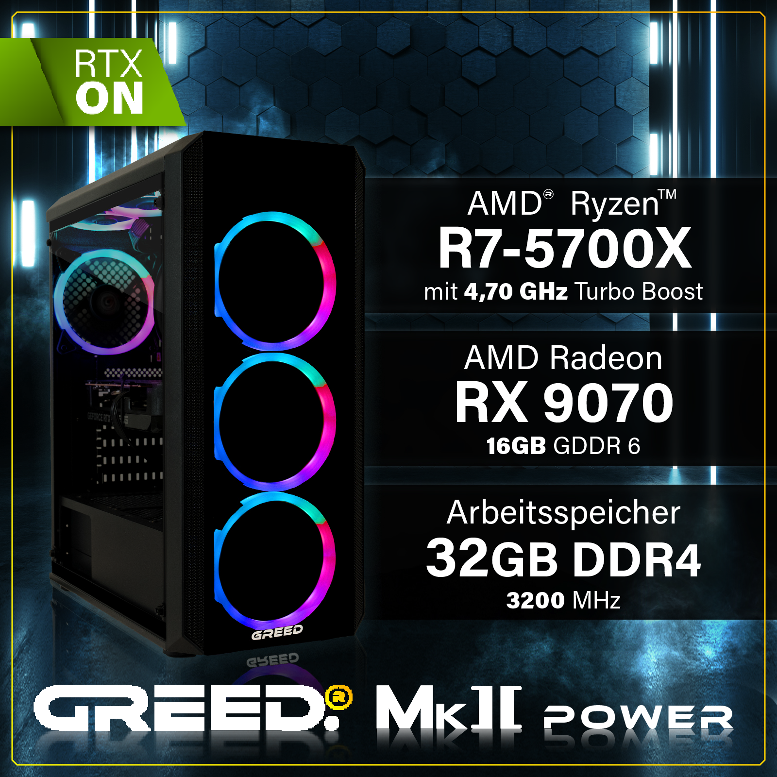 Komputer gamingowy z wentylatorami RGB, AMD Ryzen R7-5700X, RX 9070 i 32GB DDR4.