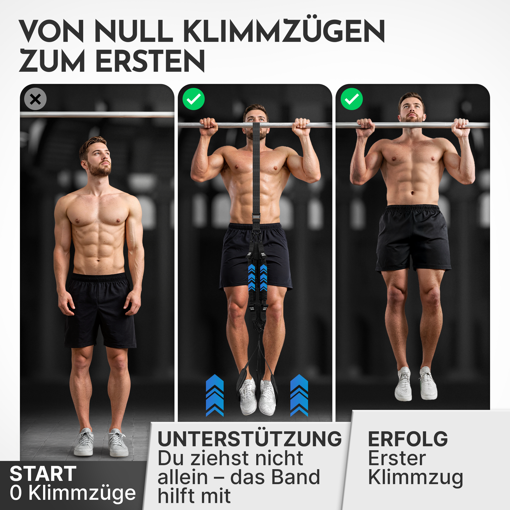Drei Bilder zeigen einen Mann beim Klimmzugtraining mit Bandunterstützung.