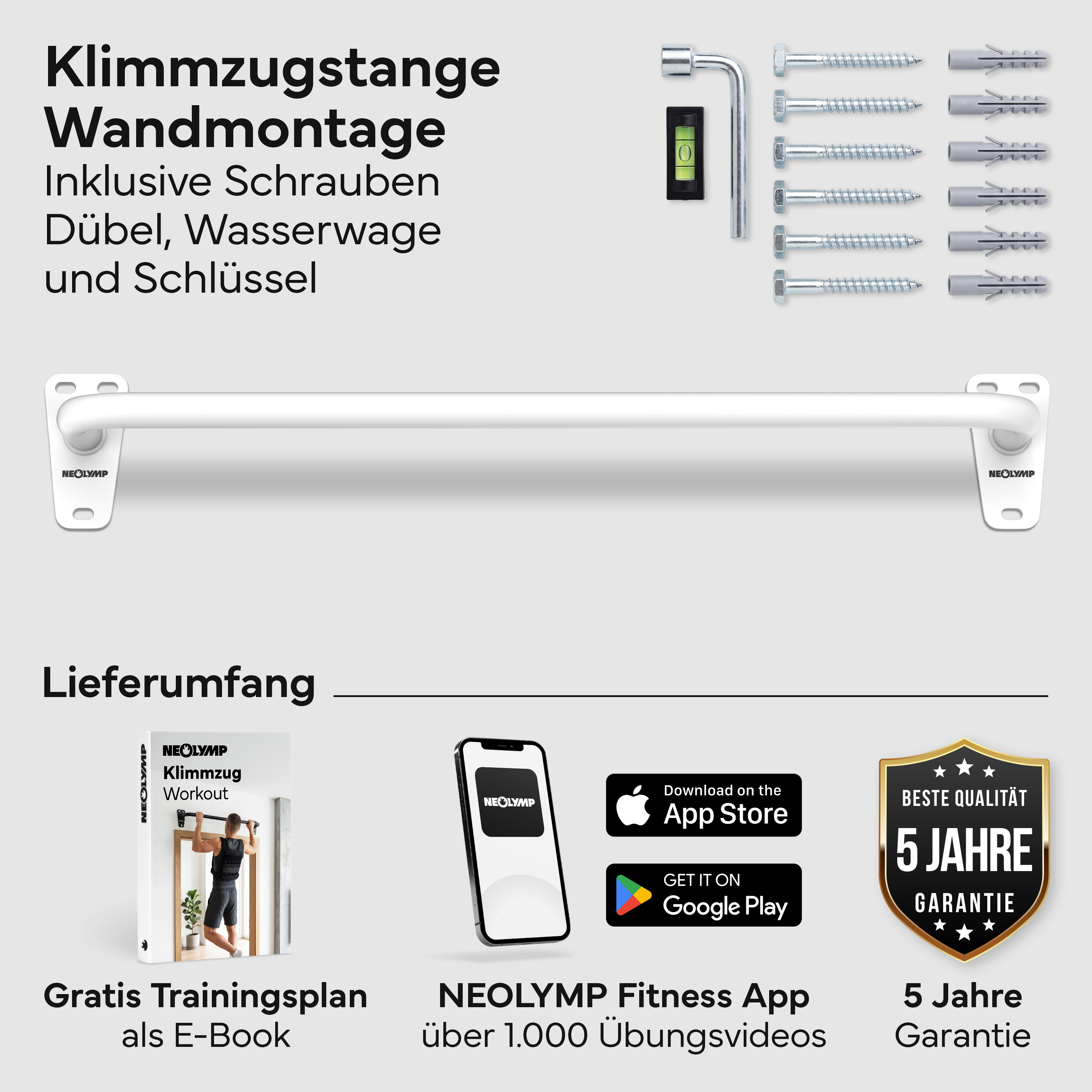 Klimmzugstange mit Wandmontage, Schrauben, Dübel, Wasserwaage, Schlüssel und App.