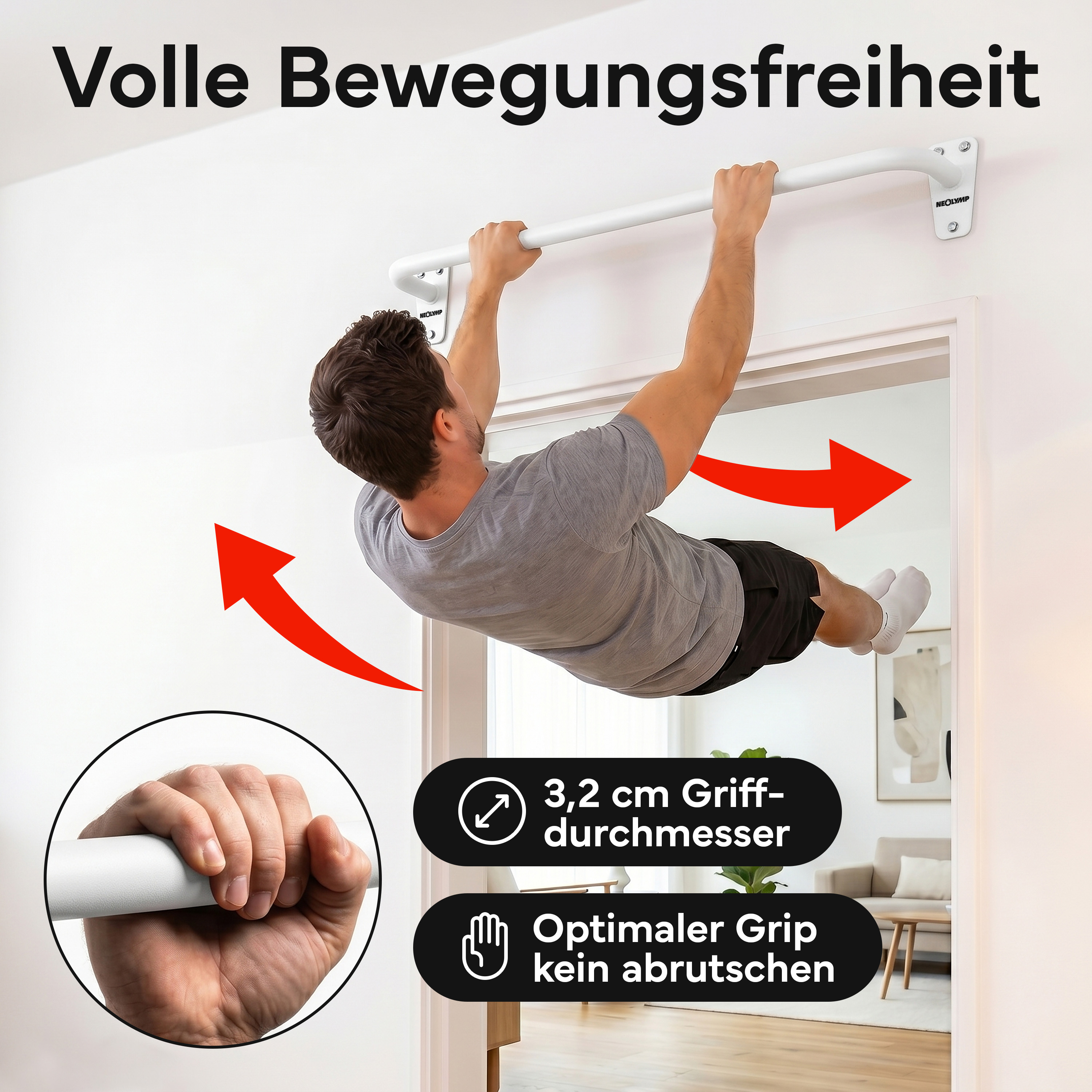 Mann hängt an einer Klimmzugstange über einer Tür, mit Text-Overlays.