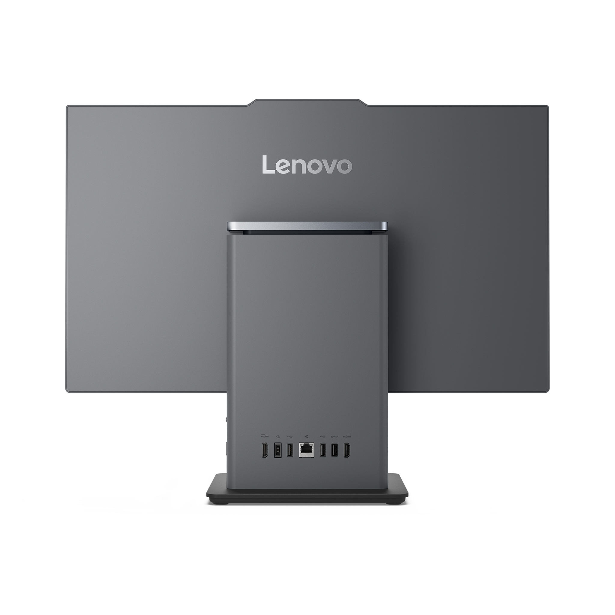 Gri Lenovo hepsi bir arada bilgisayarın arkası, bağlantı noktaları.