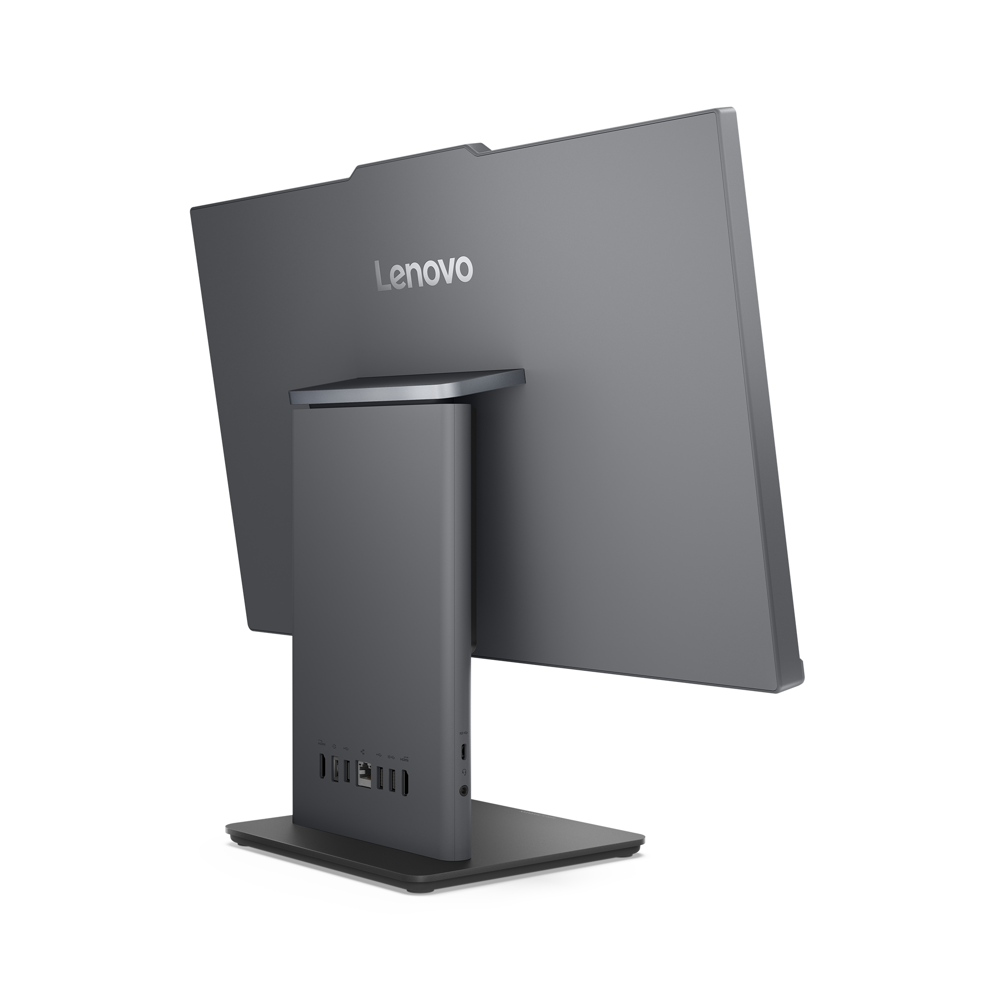 Gri Lenovo Hepsi Bir Arada bilgisayar, arka yüzü portları gösteriyor.