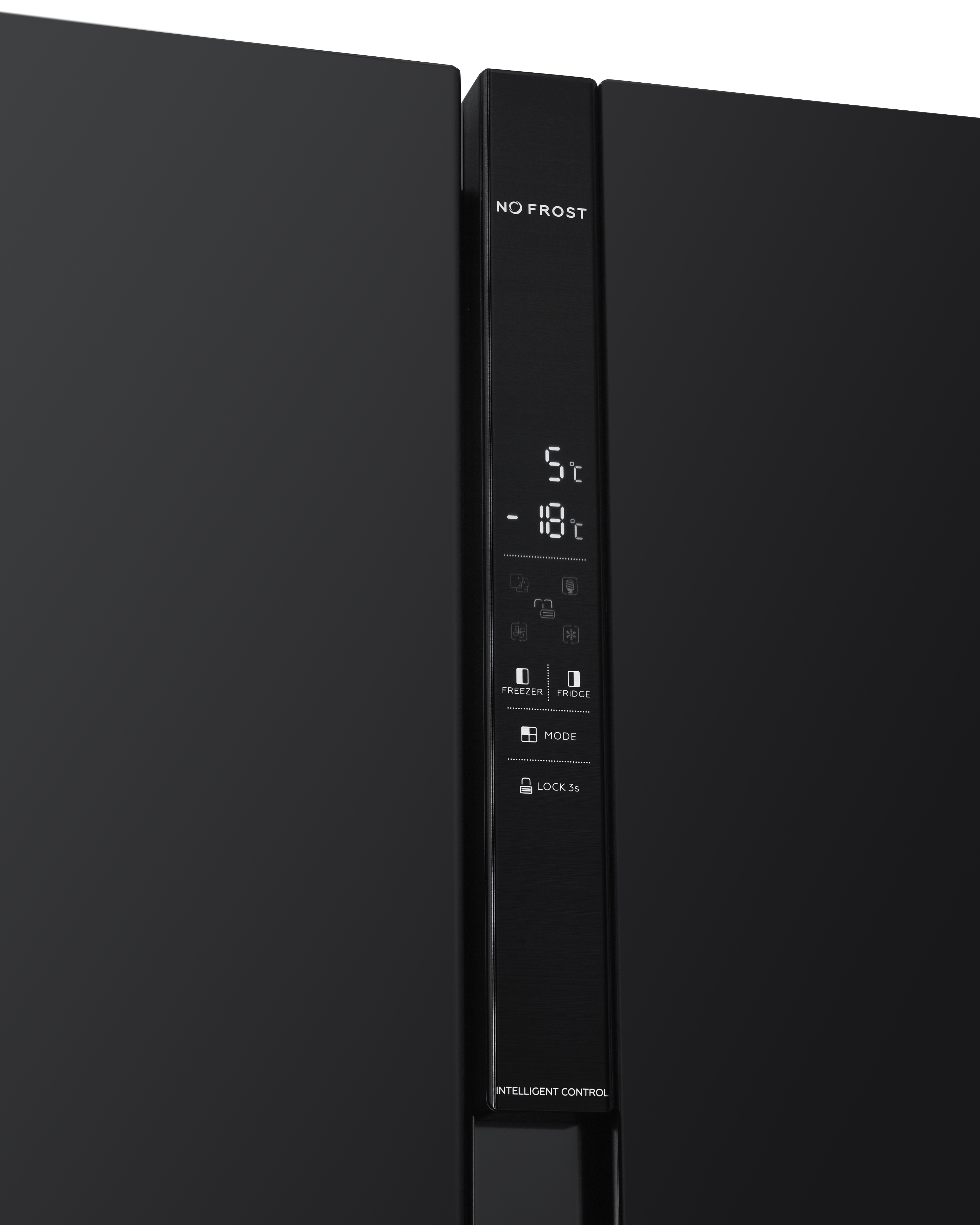 Zwart koelkastdisplay met temperaturen en iconen.
