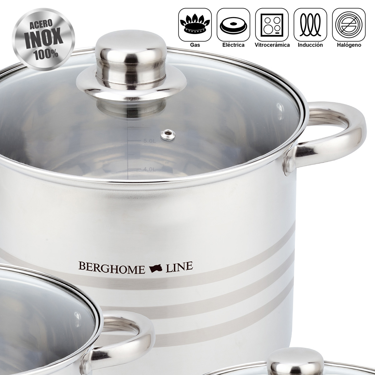 Olla de acero inoxidable con tapa de cristal y asas. Logo de marca: BERGHOME LINE. Iconos muestran compatibilidad.