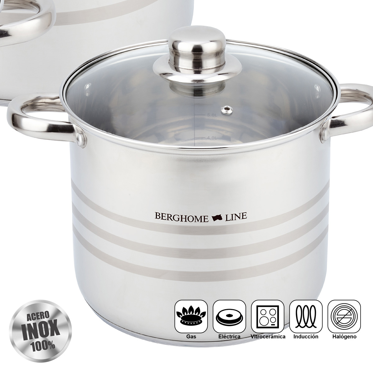 Olla de acero inoxidable con tapa de cristal, logo "BERGHOME LINE" y símbolos.