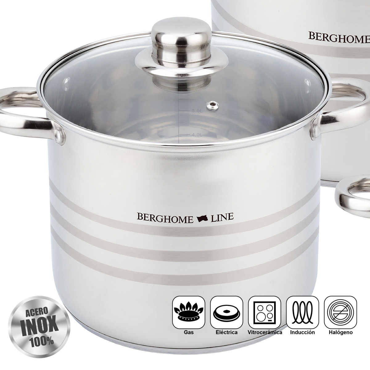 Olla de acero inoxidable con tapa de cristal, marcas de medida y símbolos.