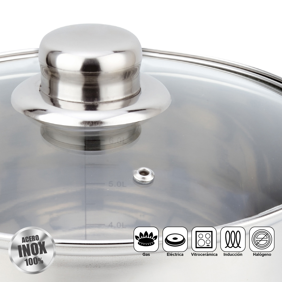 Primer plano de tapa de olla de acero inoxidable con inserto de vidrio. Muestra líneas de medida.