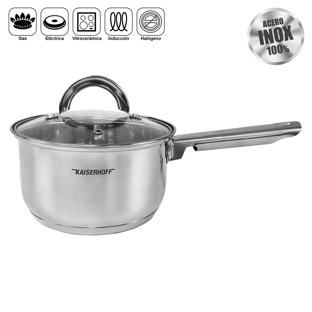 Olla de acero inoxidable con tapa de cristal y mango largo, para gas, eléctrica, vitrocerámica, inducción.