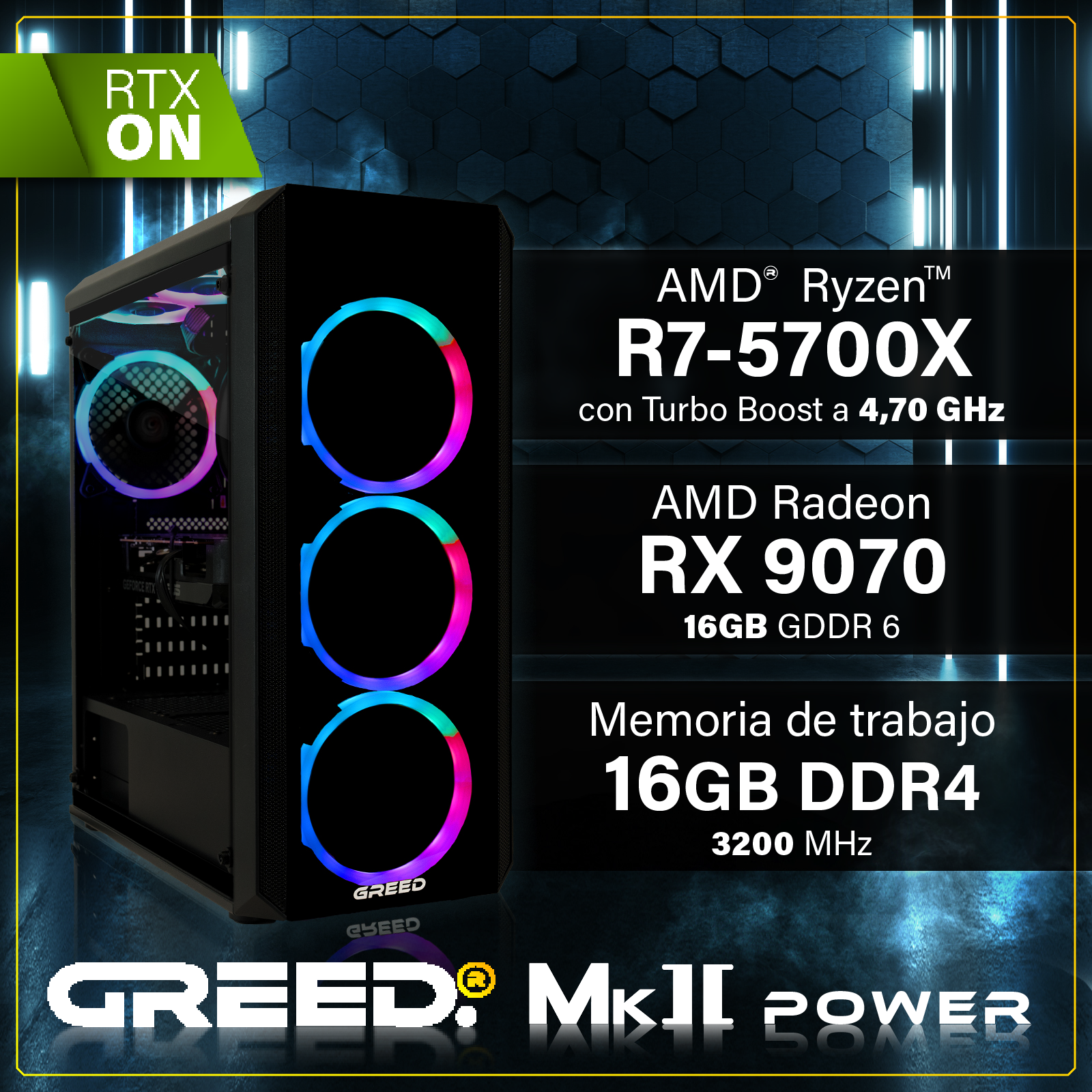 PC gaming con ventiladores RGB, Ryzen 7 5700X, RX 9070, 16GB DDR4.