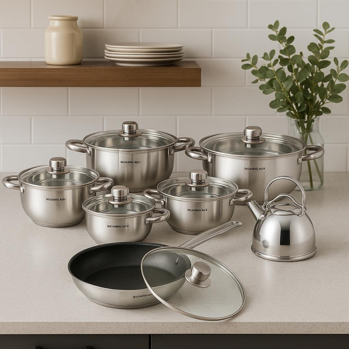 Juego de utensilios de cocina de acero inoxidable con ollas, sartén y tetera.