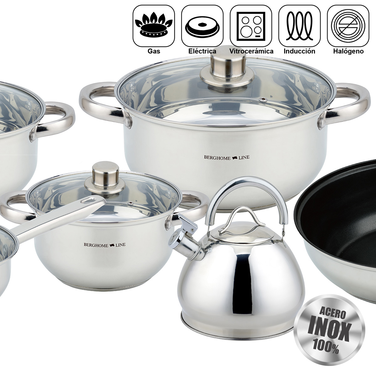 Set de utensilios de cocina de acero inoxidable con tapas de vidrio.