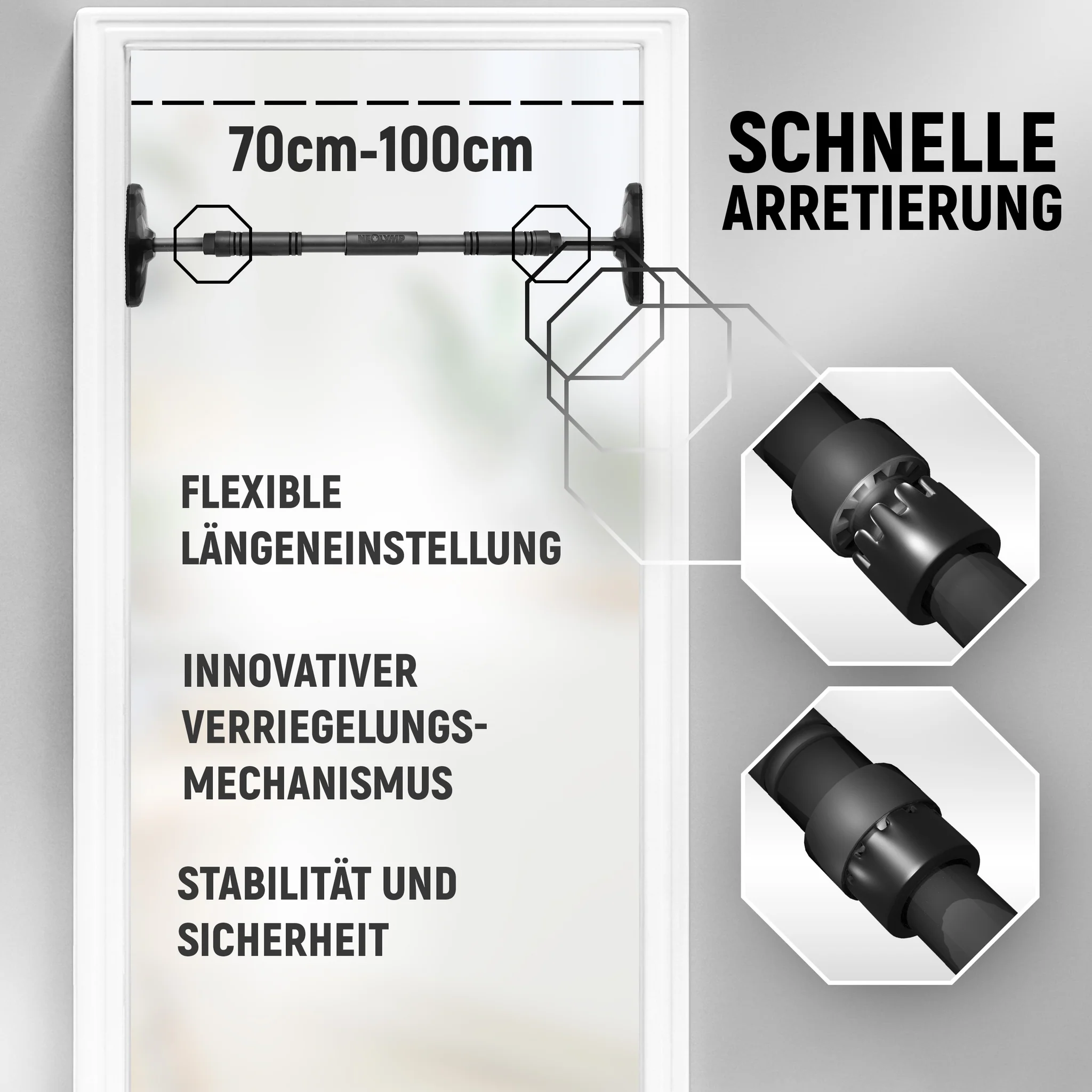 Teleskopstange für Türen, 70-100cm, mit Schnellverriegelung.