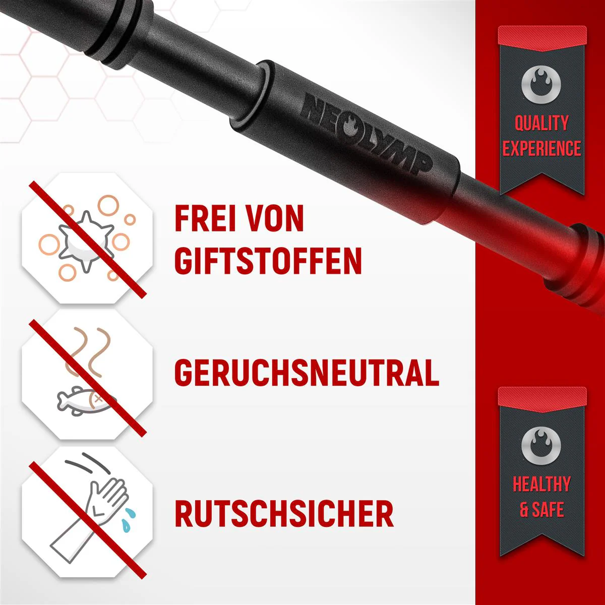 Schwarzer Stab mit roten Akzenten, frei von Giftstoffen, geruchsneutral, rutschfest.