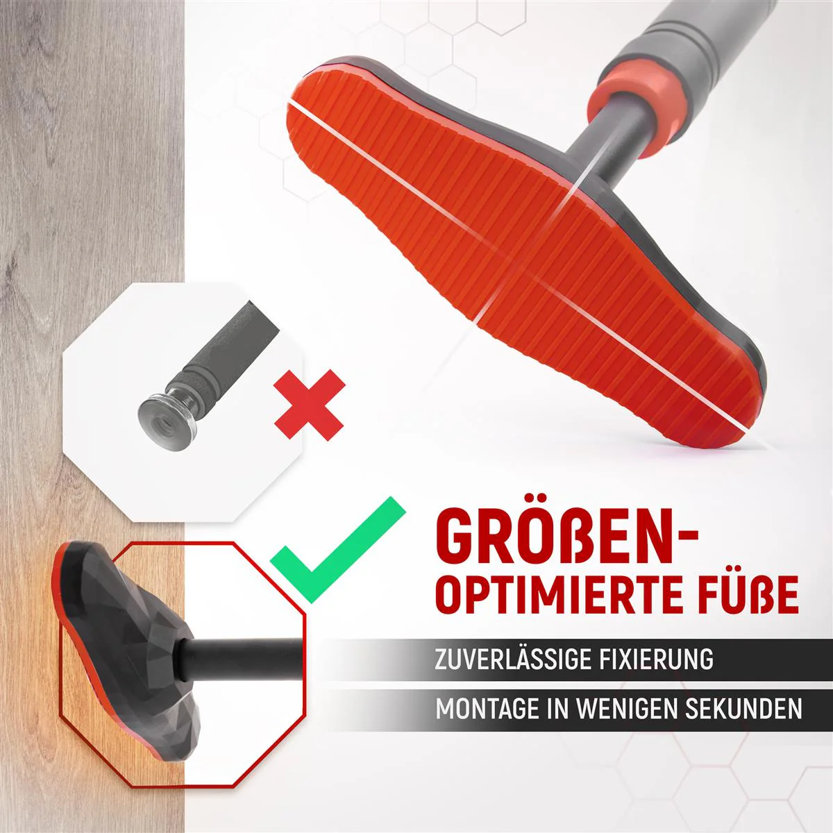 Optimierte Füße mit zuverlässiger Fixierung, Montage in Sekunden.