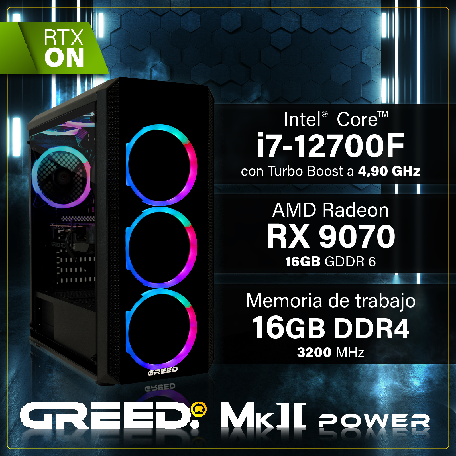 Un PC gaming con ventiladores RGB, Intel i7-12700F, AMD RX 9070.