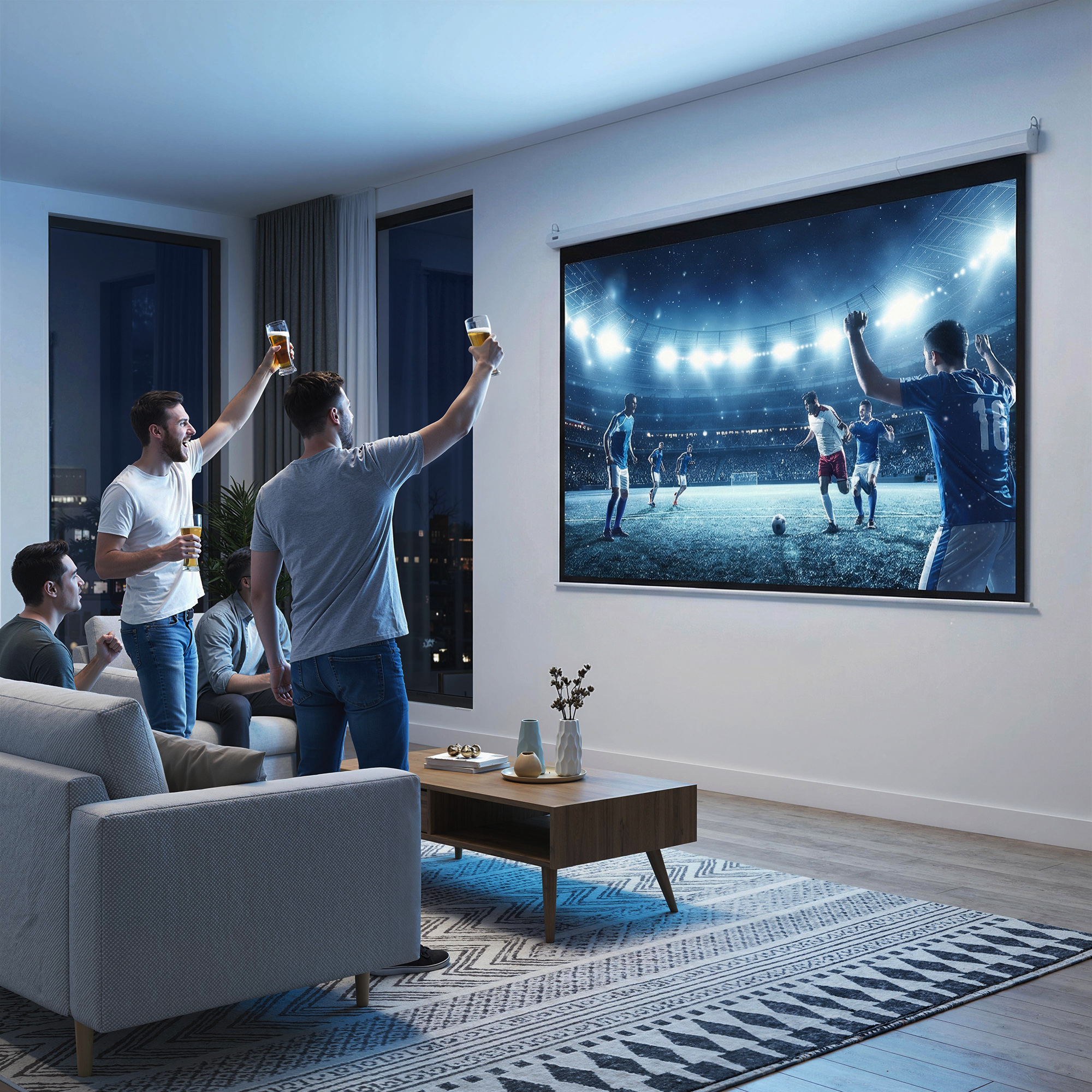 Hombres beben cerveza y ven fútbol en la TV en una sala de estar moderna.