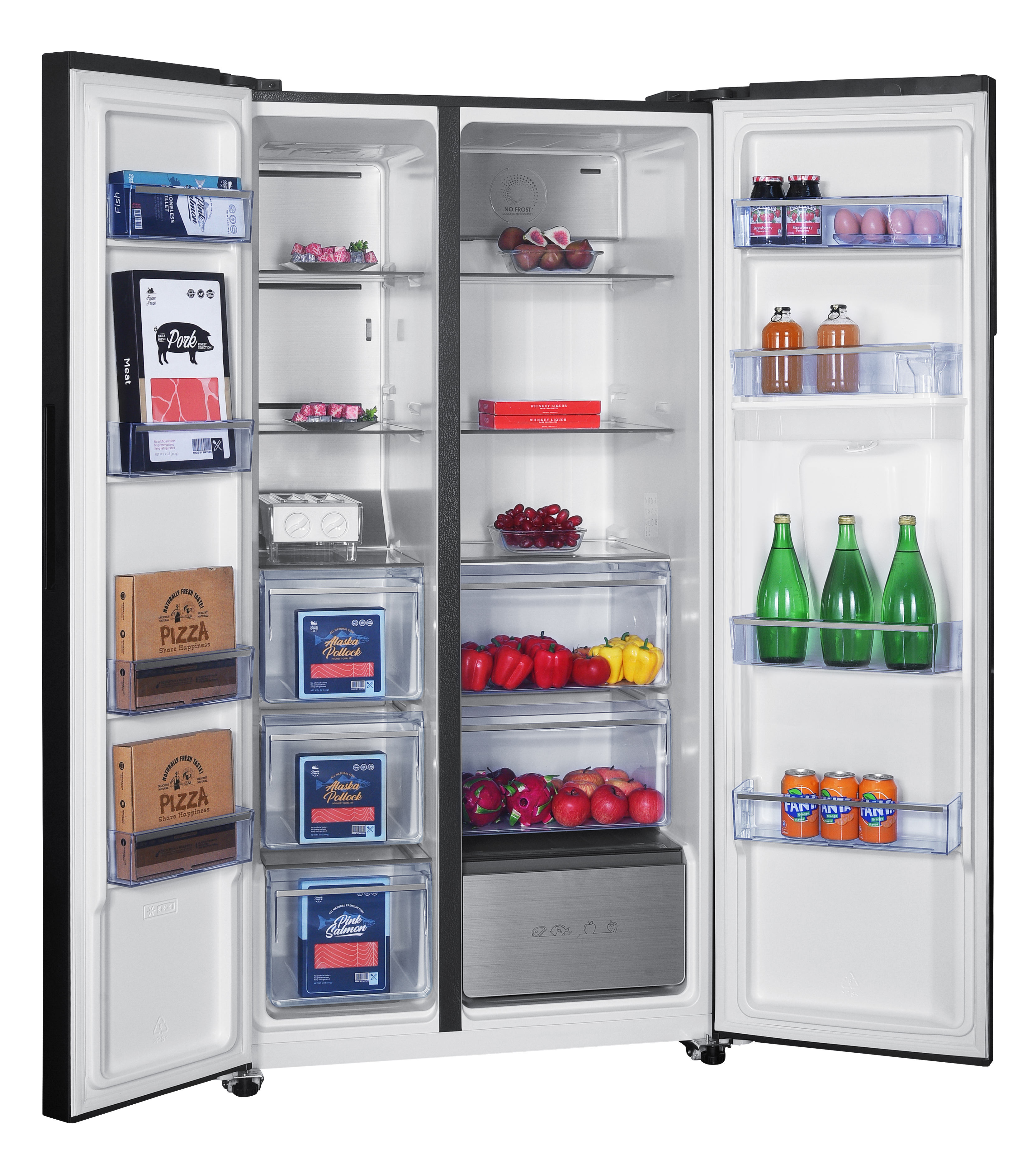 An open refrigerator stocked with food items, including fruits, vegetables, and beverages.