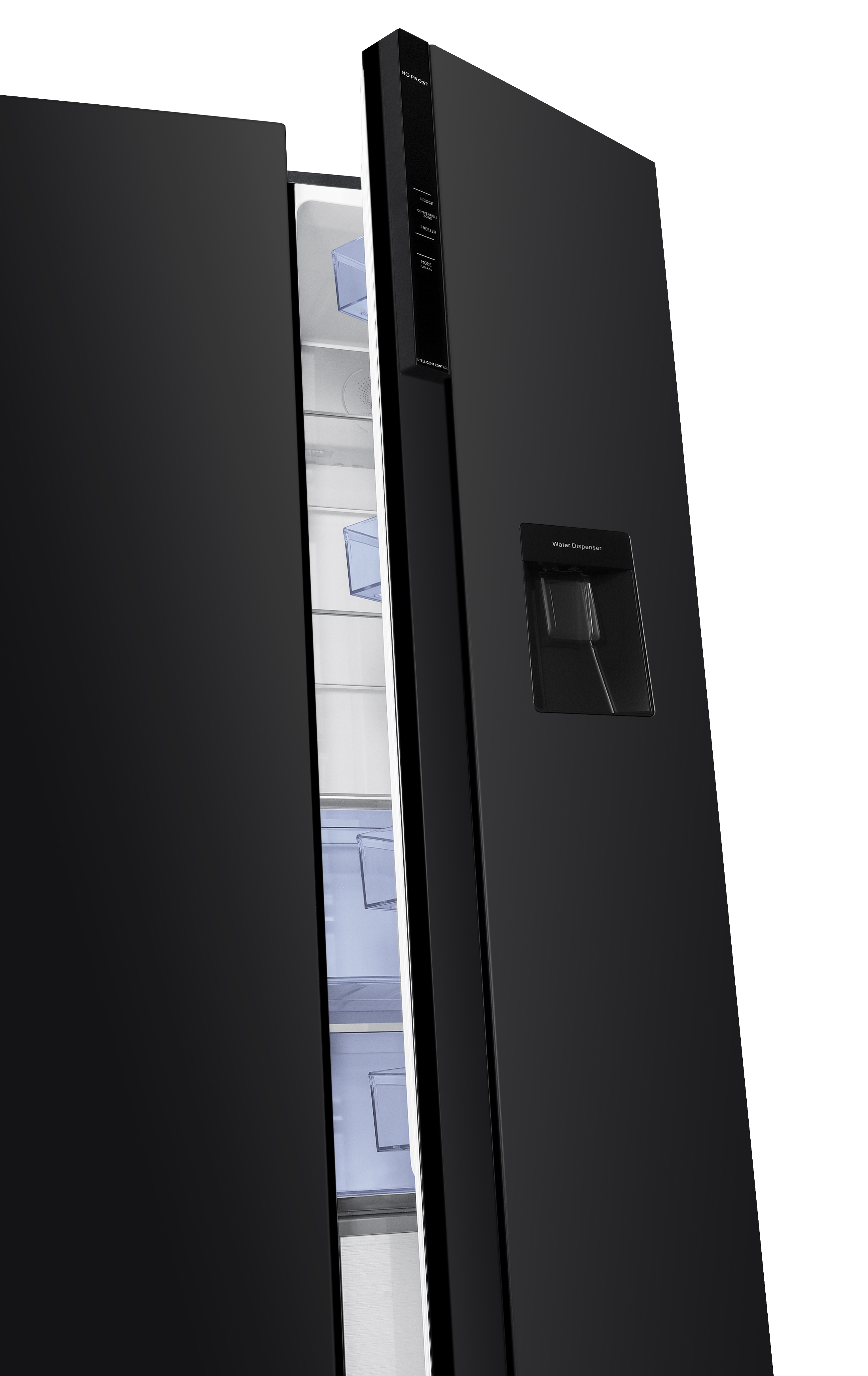 Black refrigerator with an open compartment and water dispenser.