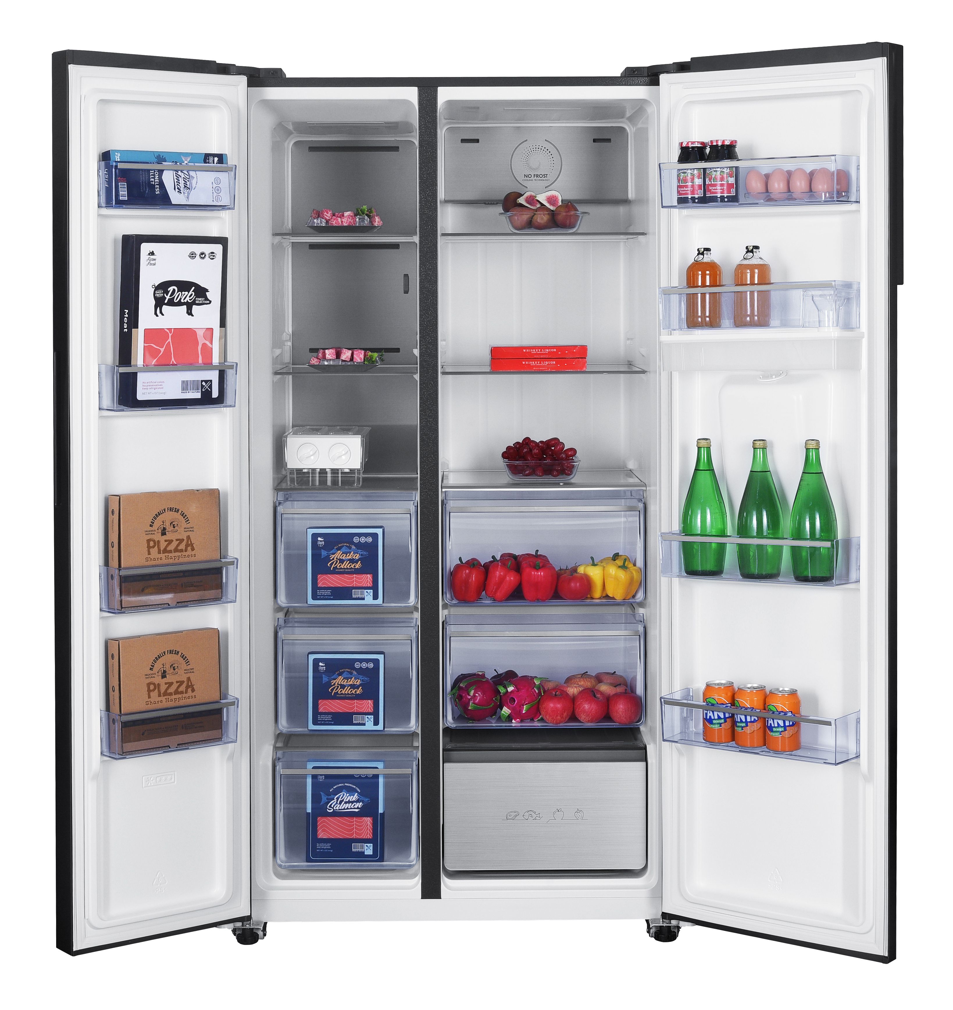 An open refrigerator with food and drinks on both sides.