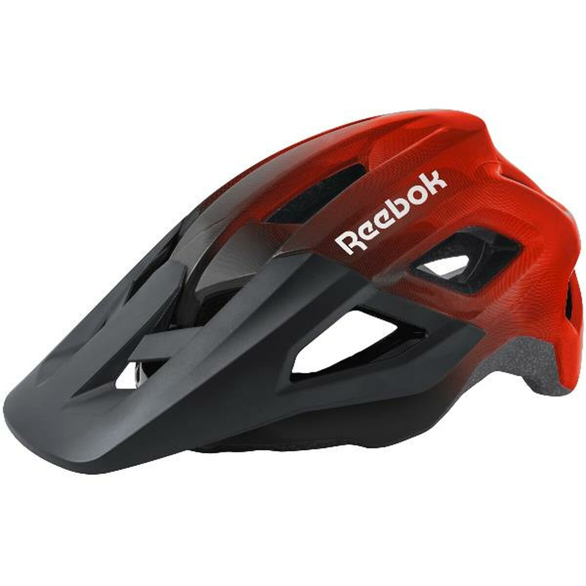 Un casco de bicicleta rojo y negro con el logo de Reebok.