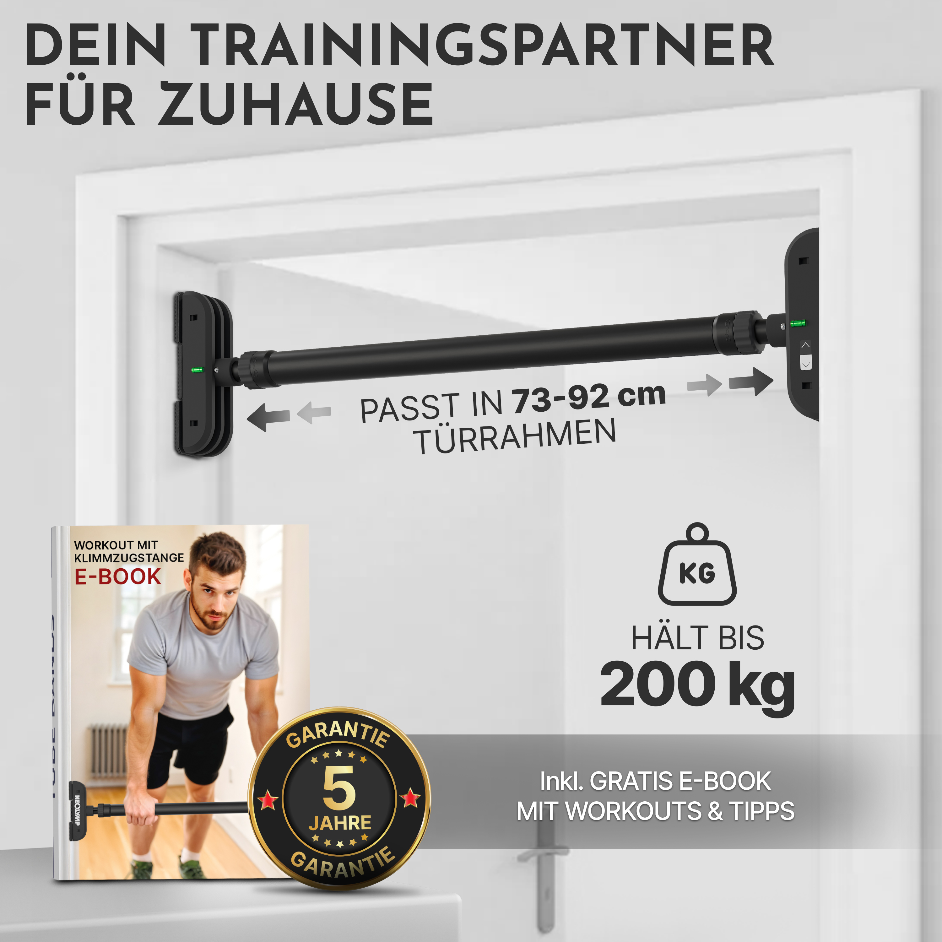 Türreckstange für Heimtraining, 73-92cm, bis 200kg, mit gratis E-Book.