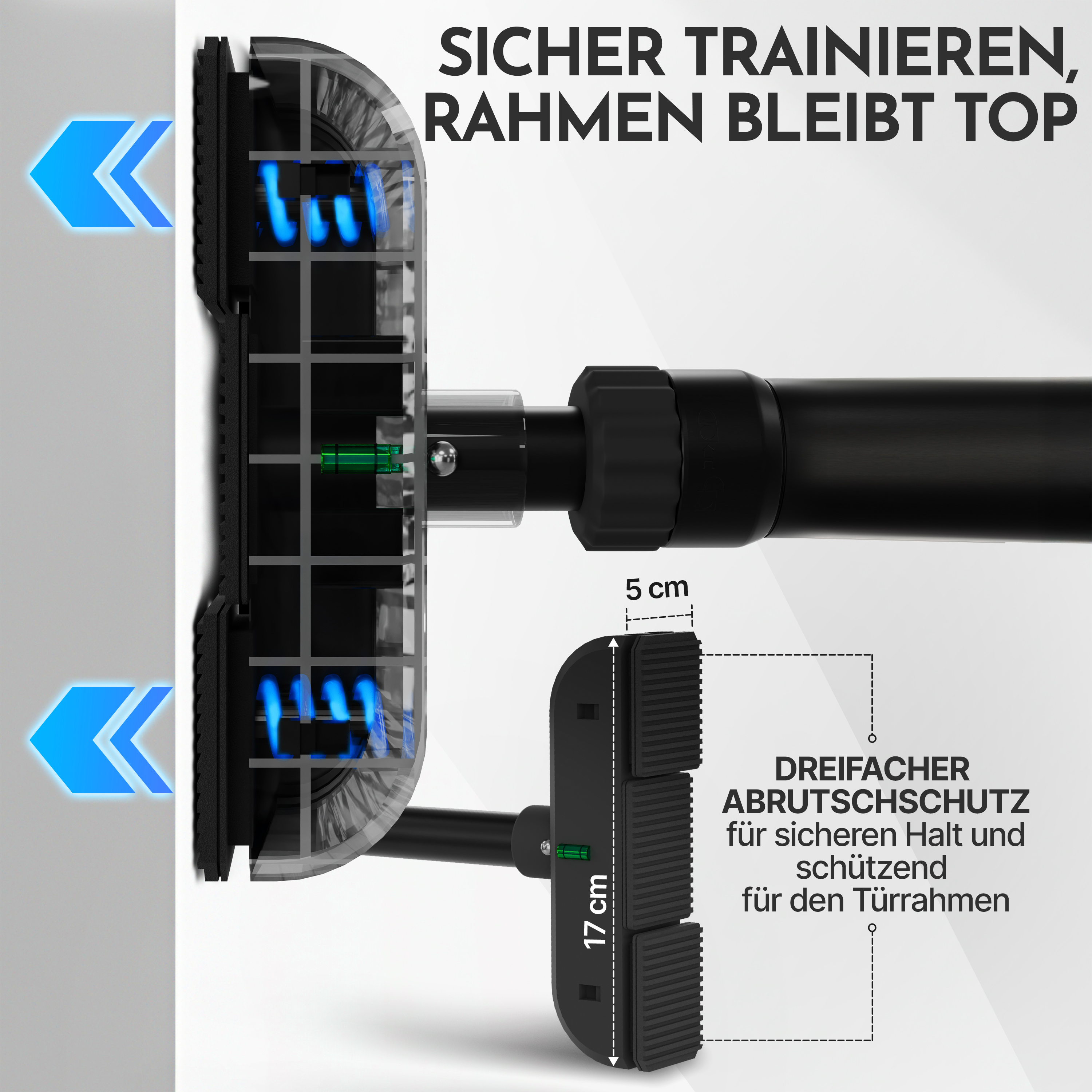 Schwarzer Türreck mit blauem Innenleben und Aufdrucken.
