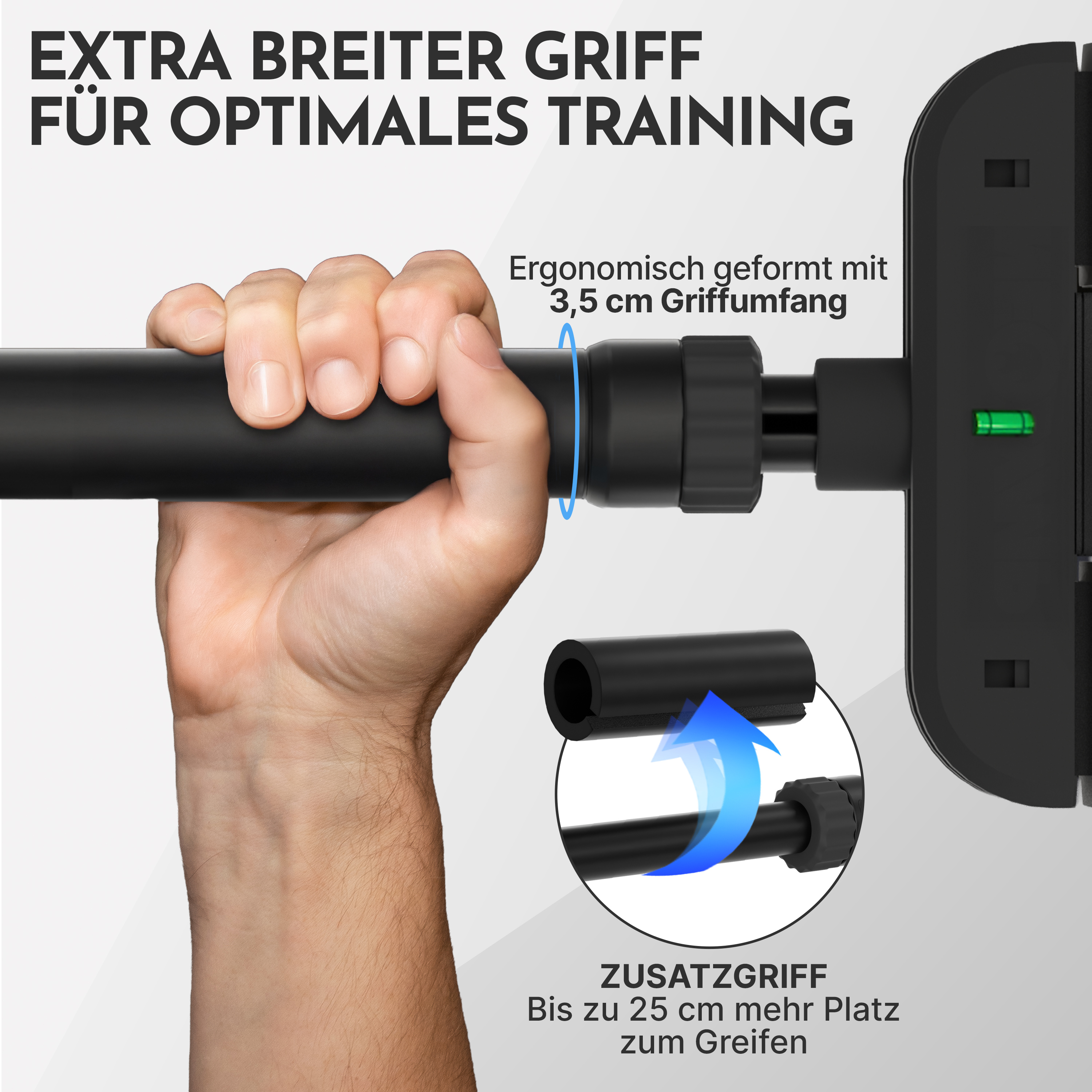 Ein Mann greift einen breiten, schwarzen Trainingsgriff. Text erklärt Zusatzgriff.