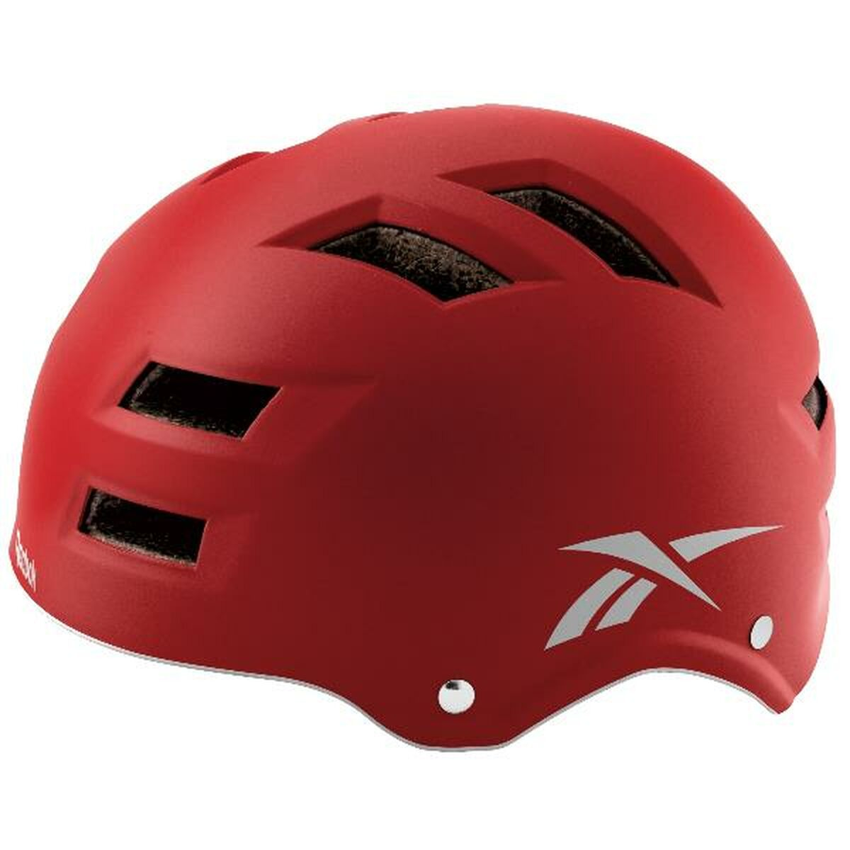 Casco rojo con logo plateado de Reebok y ranuras de ventilación.